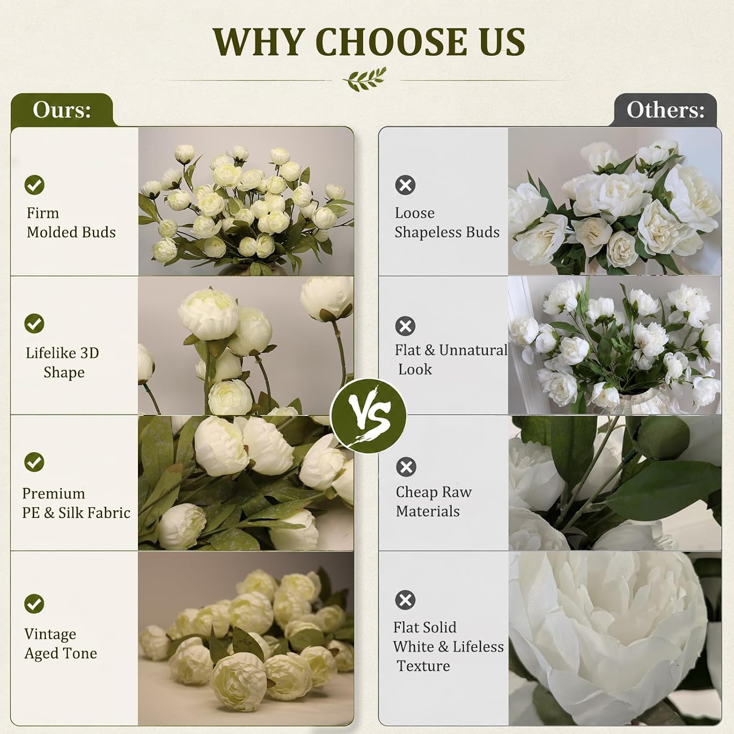 Cream Faux Peonies – 6 Pcs Real Touch Silk Flowers for Home Decor & Weddings