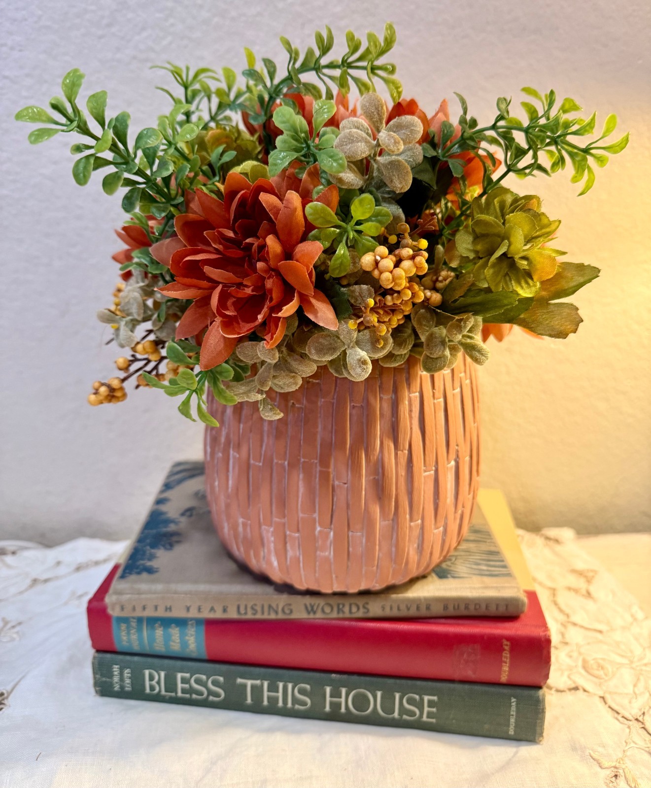 Upcycled Terracotta Pot Hand Painted with Fall Autumn Faux Florals Centerpiece
