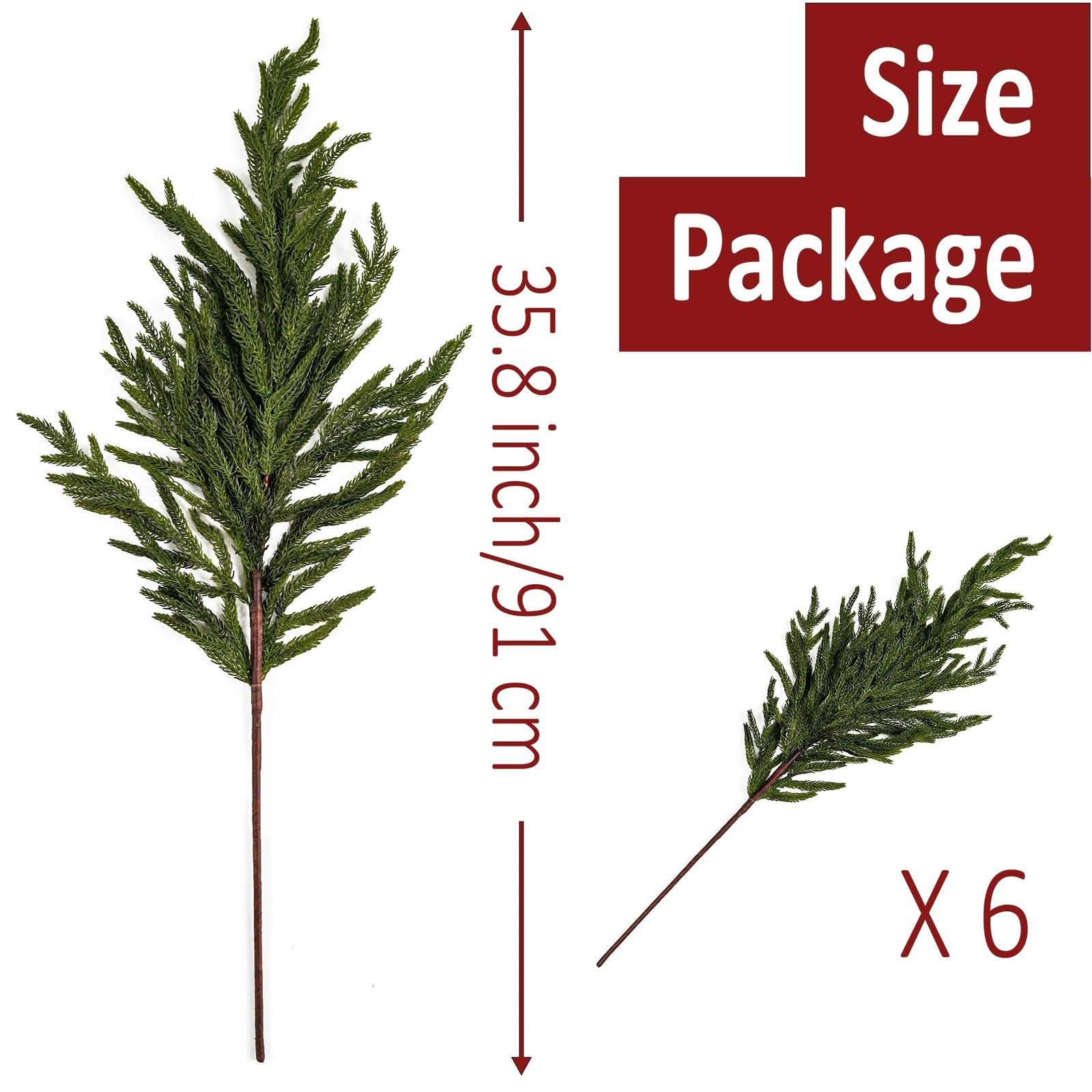 Norfolk Pine Stems 35.8″ / 91cm, 6 Pcs Christmas Pine Branches, Real Touch Gr…