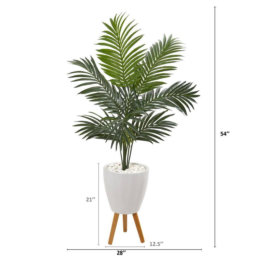 Nearly Natural Artificial Palm Tree 4.5 ft Kentia White Planter with Legs Indoor