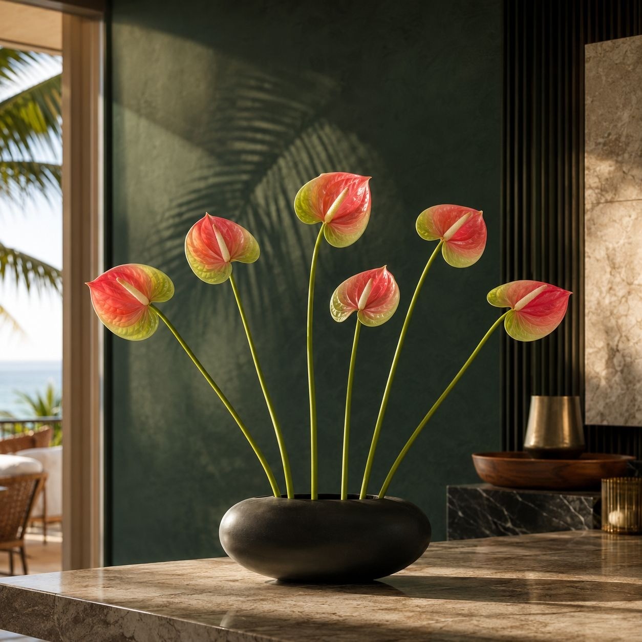 Pink Cream Green Artificial Anthurium Stems Set of 6, 11 Inch Faux Tropical Flow