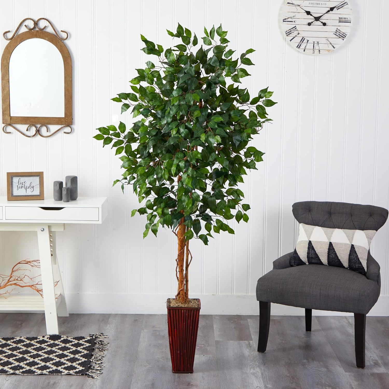 6Ft Ficus Tree in Bamboo Planter – Lush Green Home Decor Accent