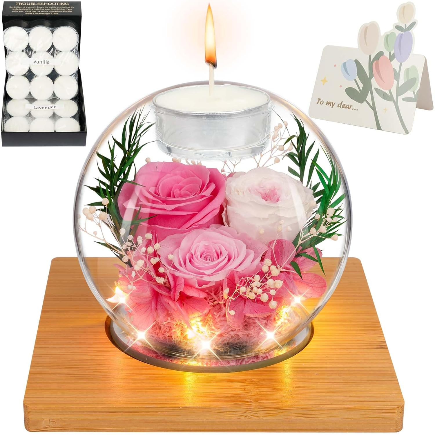 Preserved Red Real Rose in Glass with Scented Candles – Forever Flower Romantic