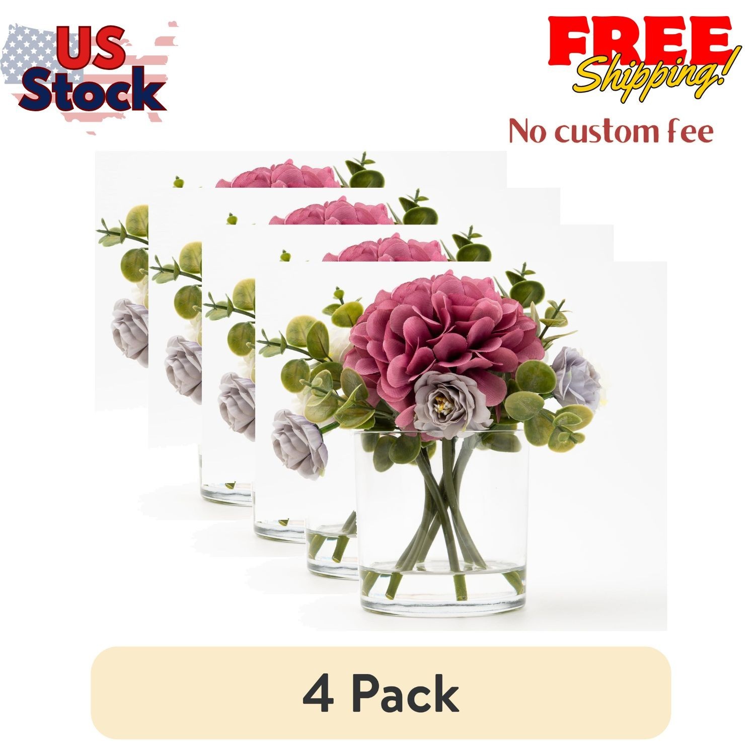 (4 pack) Mixed Faux Hydrangea Arrangement in Clear Glass Vase