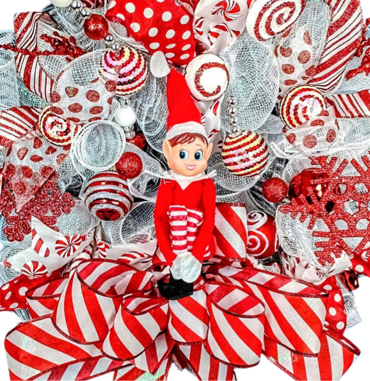 Christmas Elf Front Door Wreath Large 24″ Handmade Deco Mesh Holiday Decoration