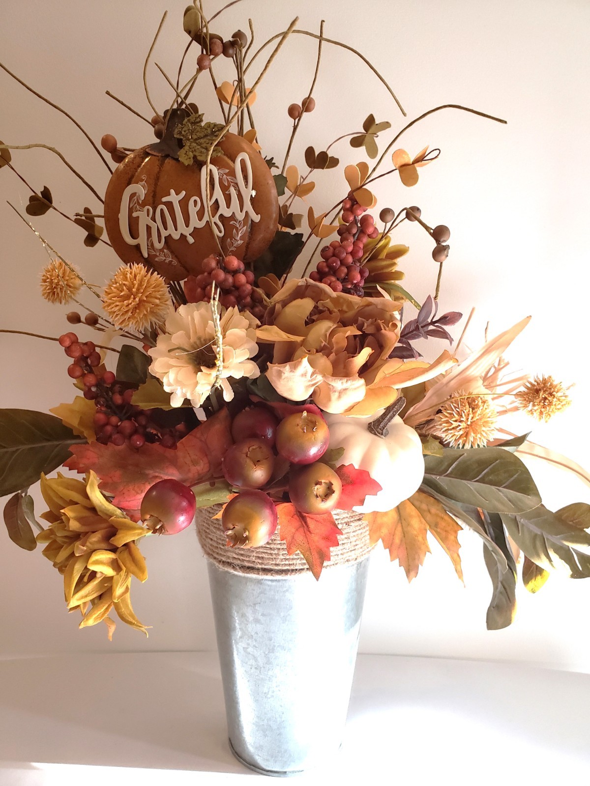 Fall Harvest Floral Arrangement w/Grateful Pumpkin Sign Thanksgiving Centerpiece