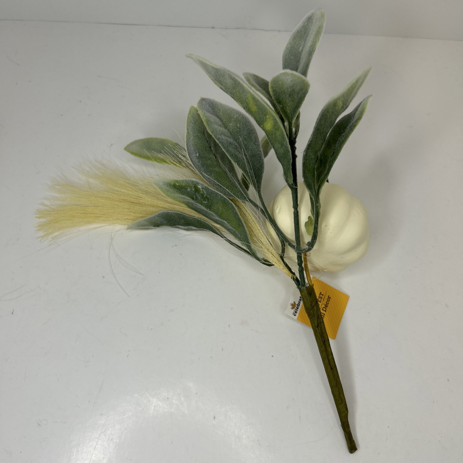 10 Artificial Fall Pumpkin Floral Pick W/Faux Lambs Ear & Feather Grass