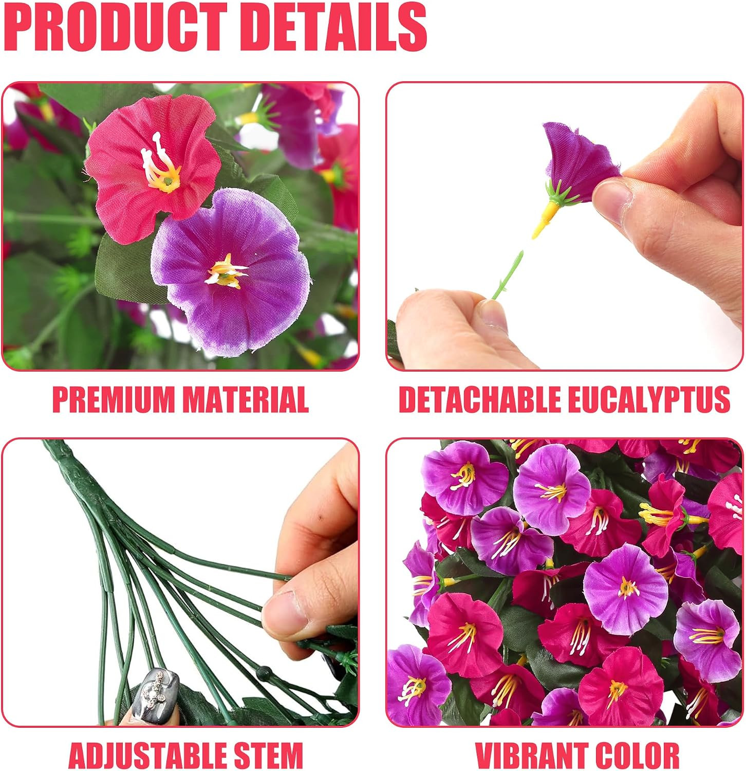 4Pcartificial Hanging Flowers Outdoor Uvresistant Morning Glory Rose Red Magenta