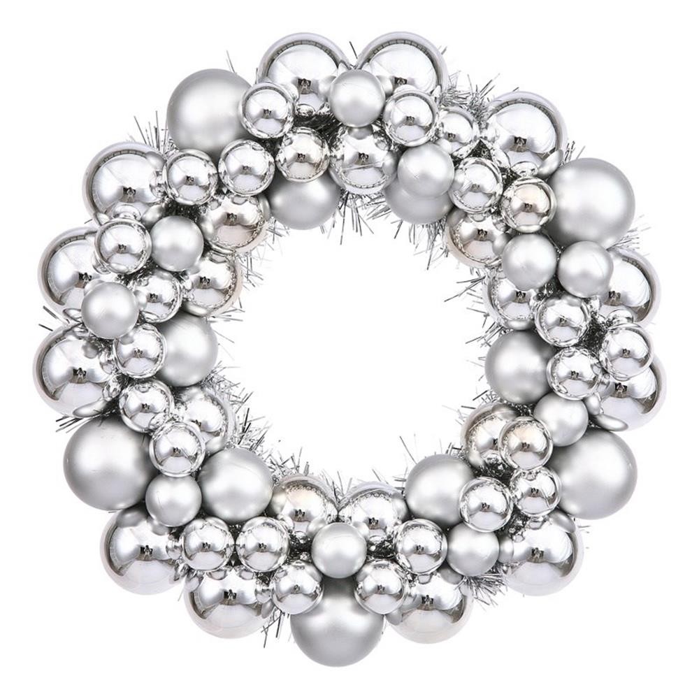 Vickerman 12″ Contemporary Plastic Ball Wreath in Shiny and Matte Silver