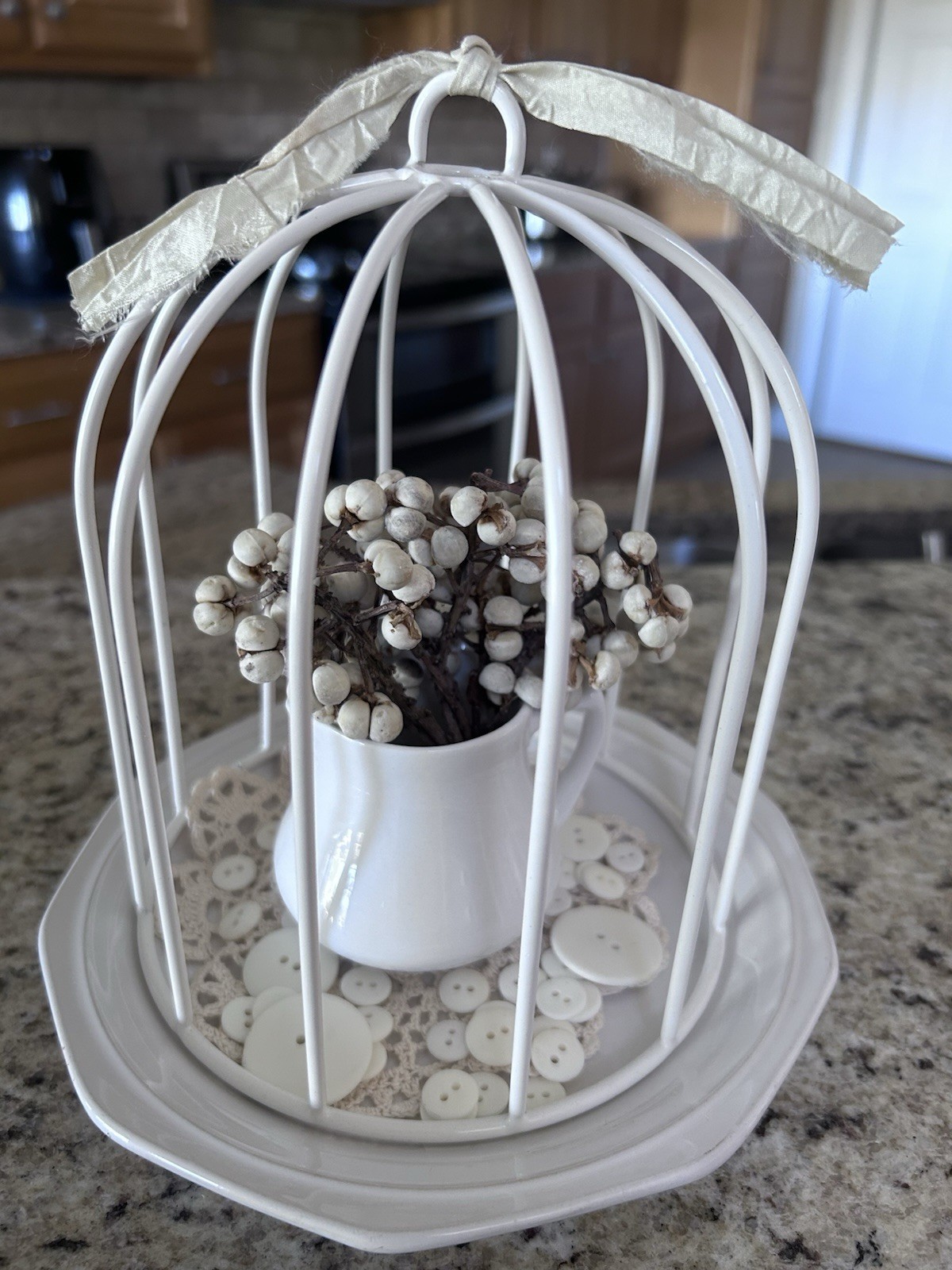 Metal Cloche With Creamer And Berries Centerpiece Vignette