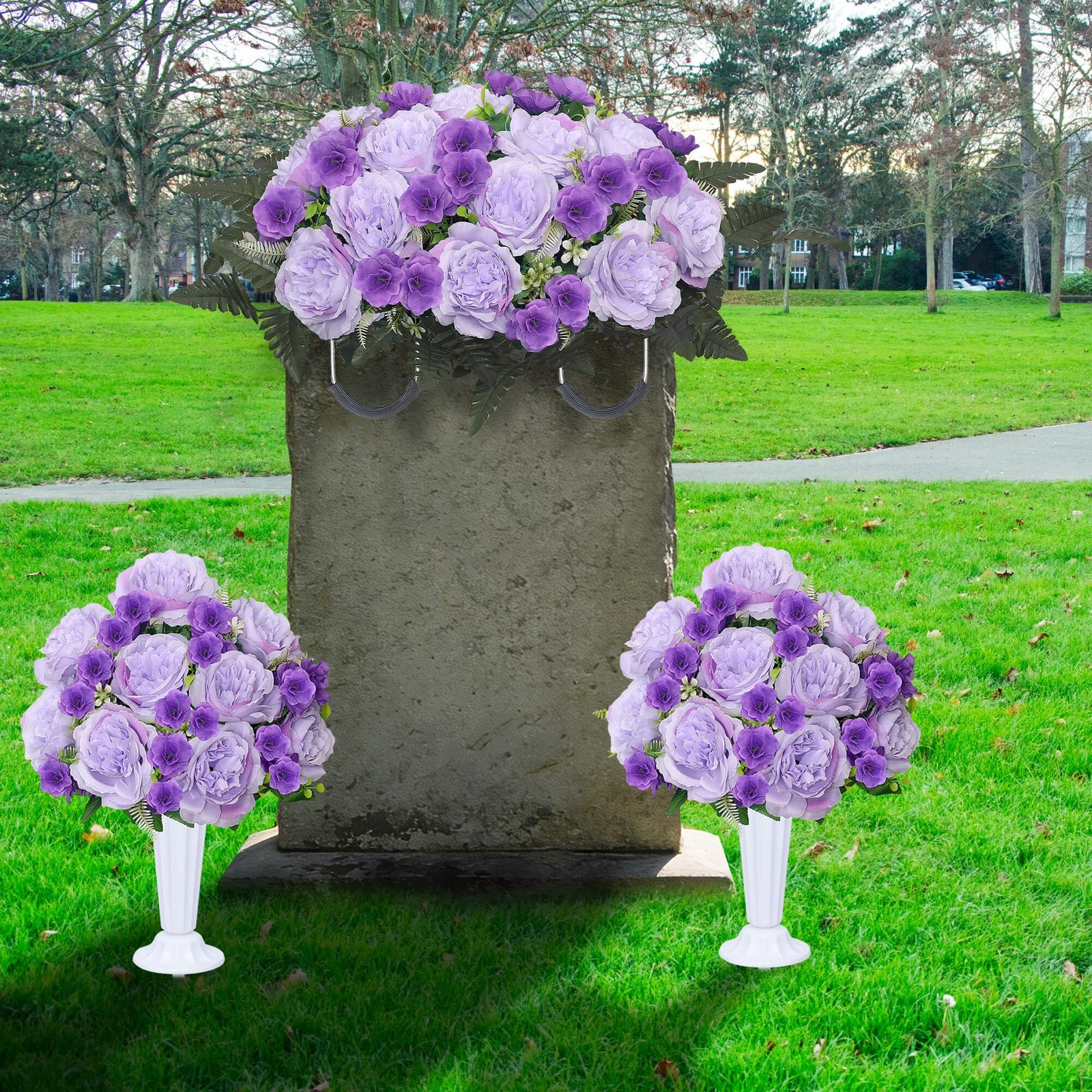 Grave Decorations for Cemetery Headstone Flower Saddle 2PC Artificial Peony F