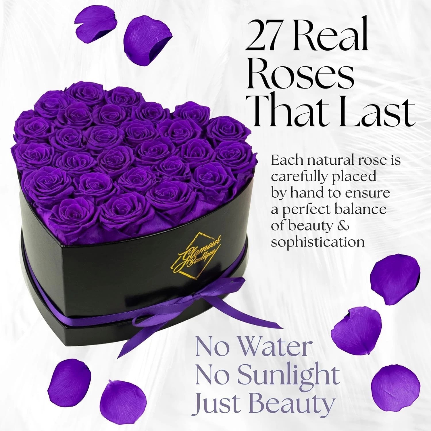 27 Eternal Preserved Roses Gift in Purple Heart Box – Maintenance-Free Splendor