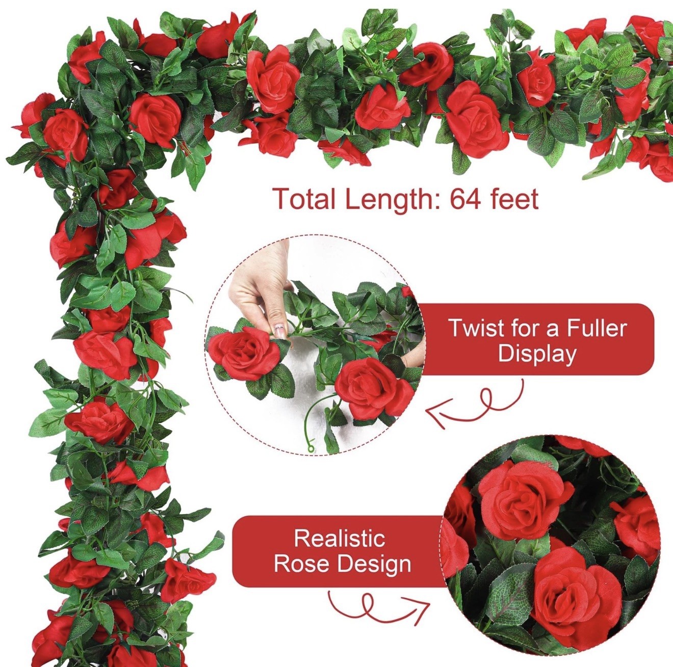 Aneco 8 Pack 64 FT Red Flower Garland Kentucky Artificial Rose Vines Derby Ro…