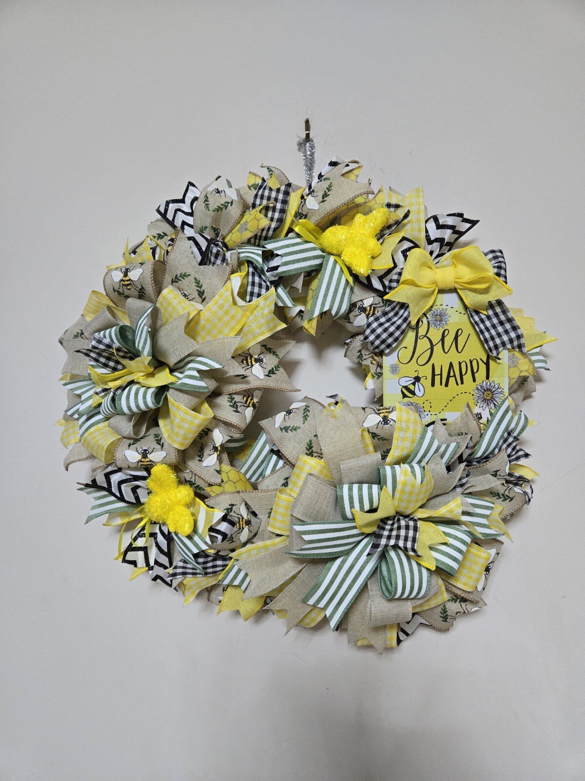 BEE happy WELCOME Spring Summer Fall Front Door Wreath Wall Decor Yellow Green