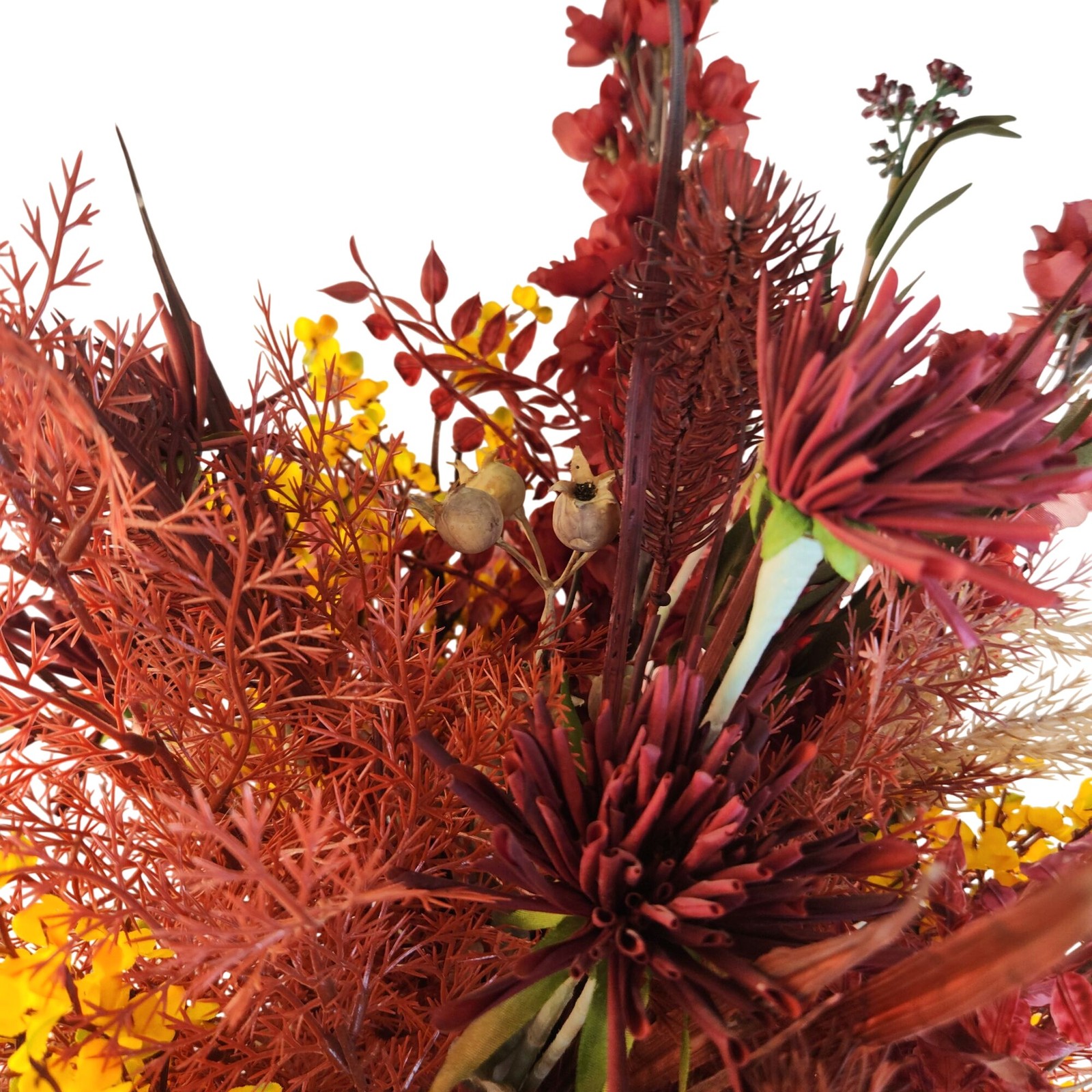 Hand Tied Artificial Flower Bouquet With Dark Reds and Yellow Wildflower mixture