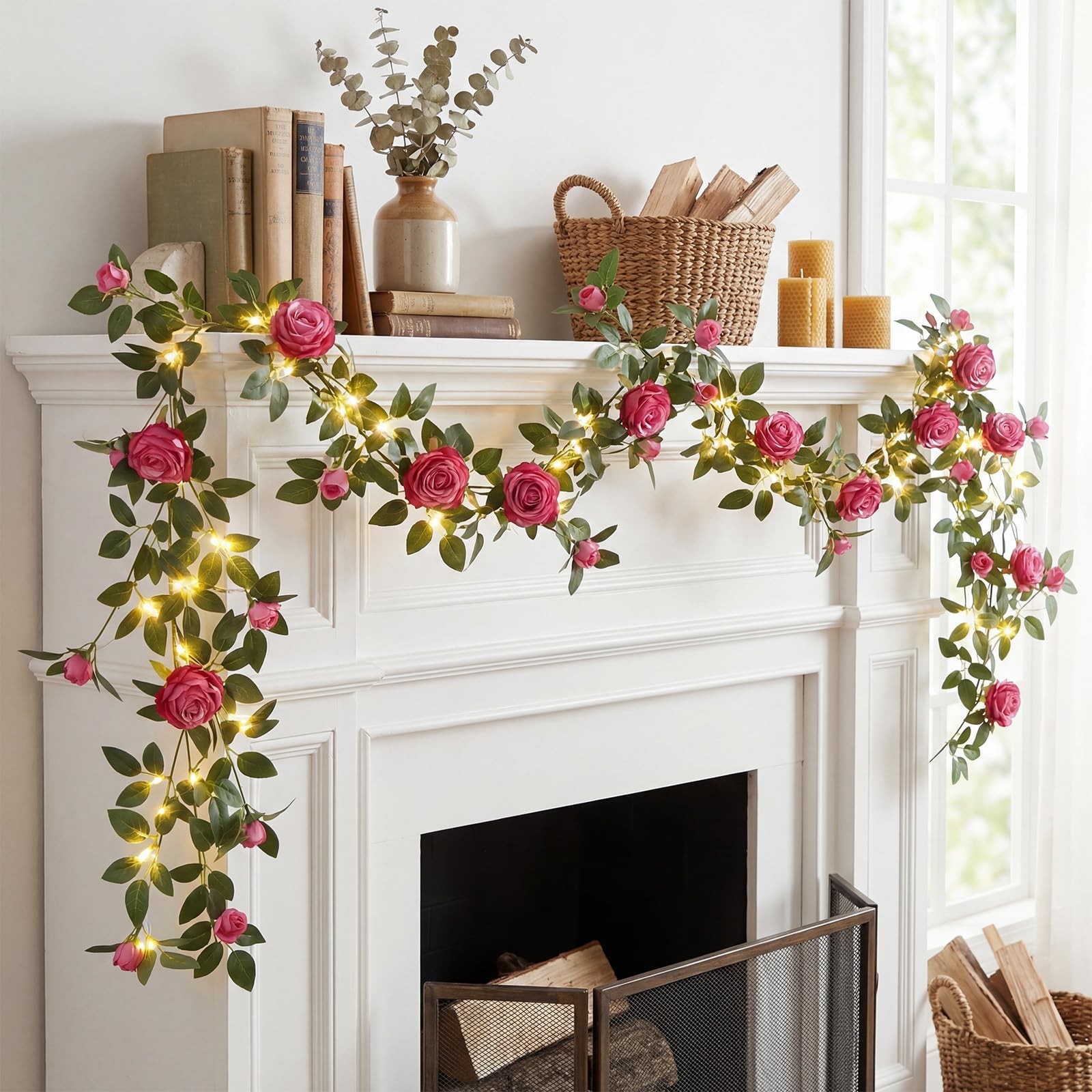 6FT Bendable Flower Garland with String Lights, Artificial Rose Garland Silk …
