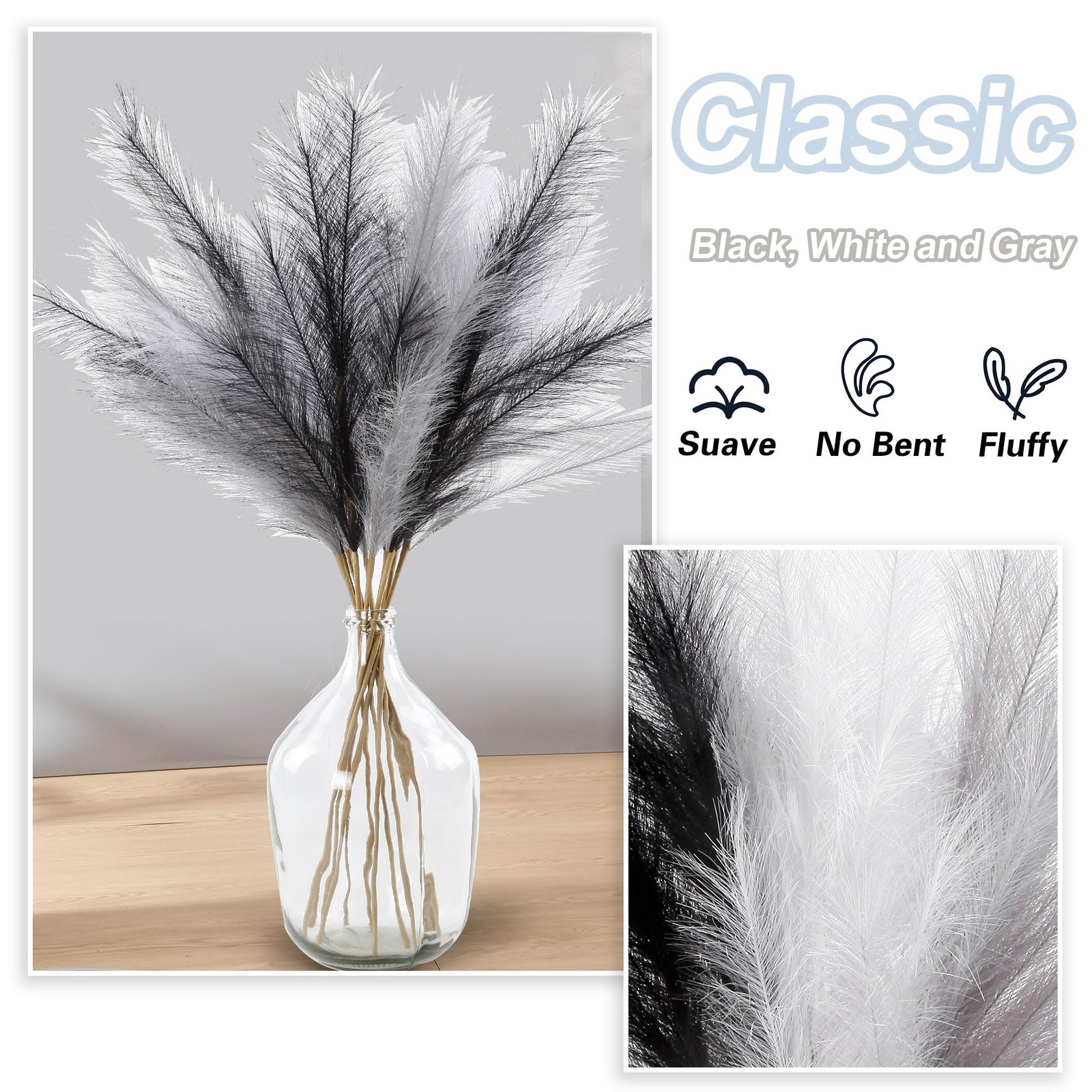 12 PCS Faux Pampas Grass 38 Inch Tall Black White Gray Artificial Plants