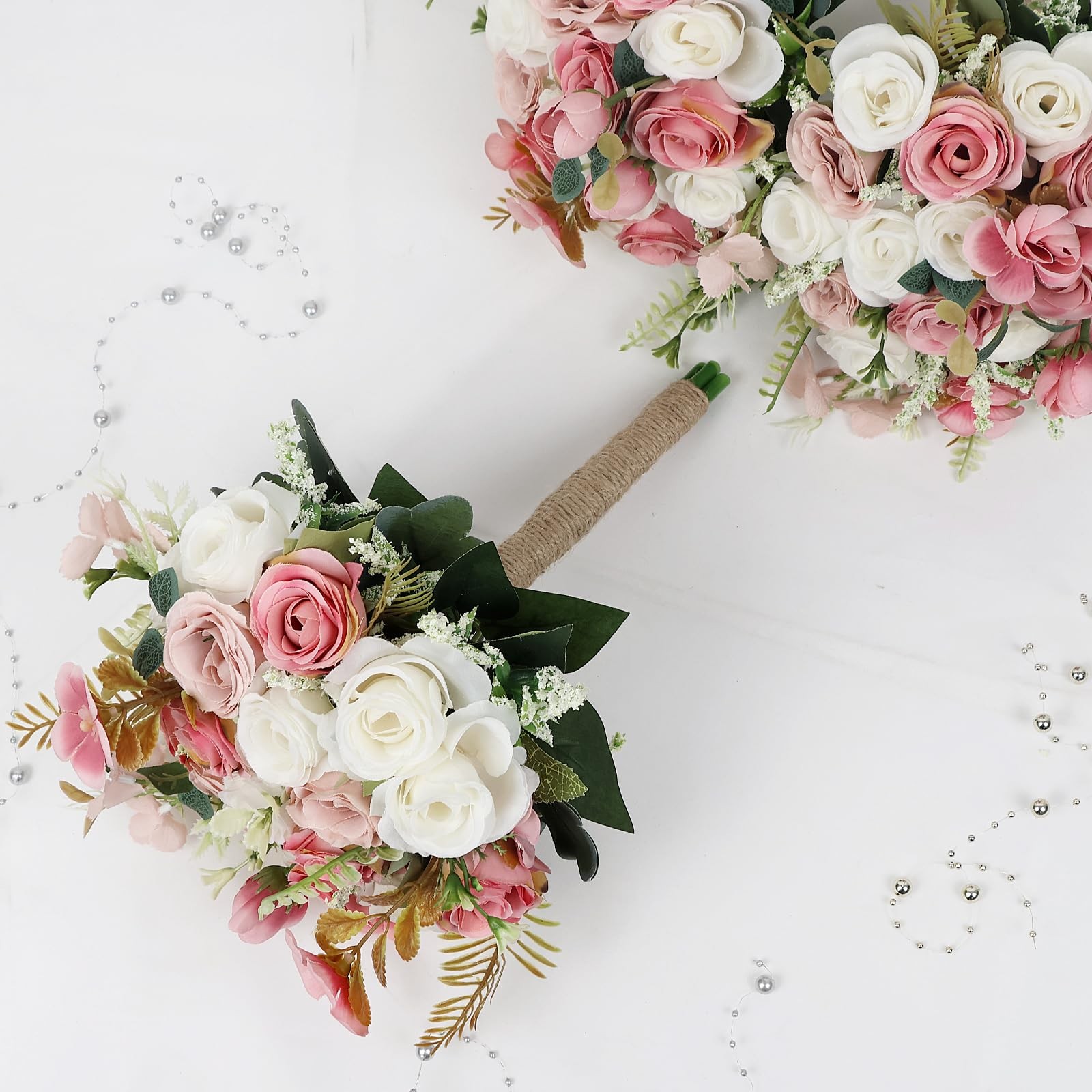 2 PCS 7 Inch Ivory Dusty Pink White Artificial Bridesmaid Wedding Bouquet
