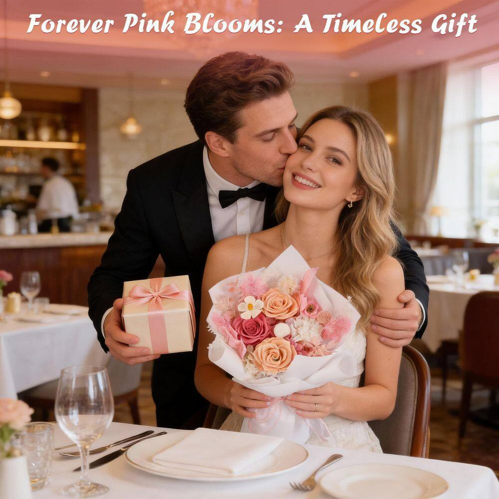 12.59-Inch Pink Artificial Preserved Rose Bouquet-Includes Gift Box and Greeting