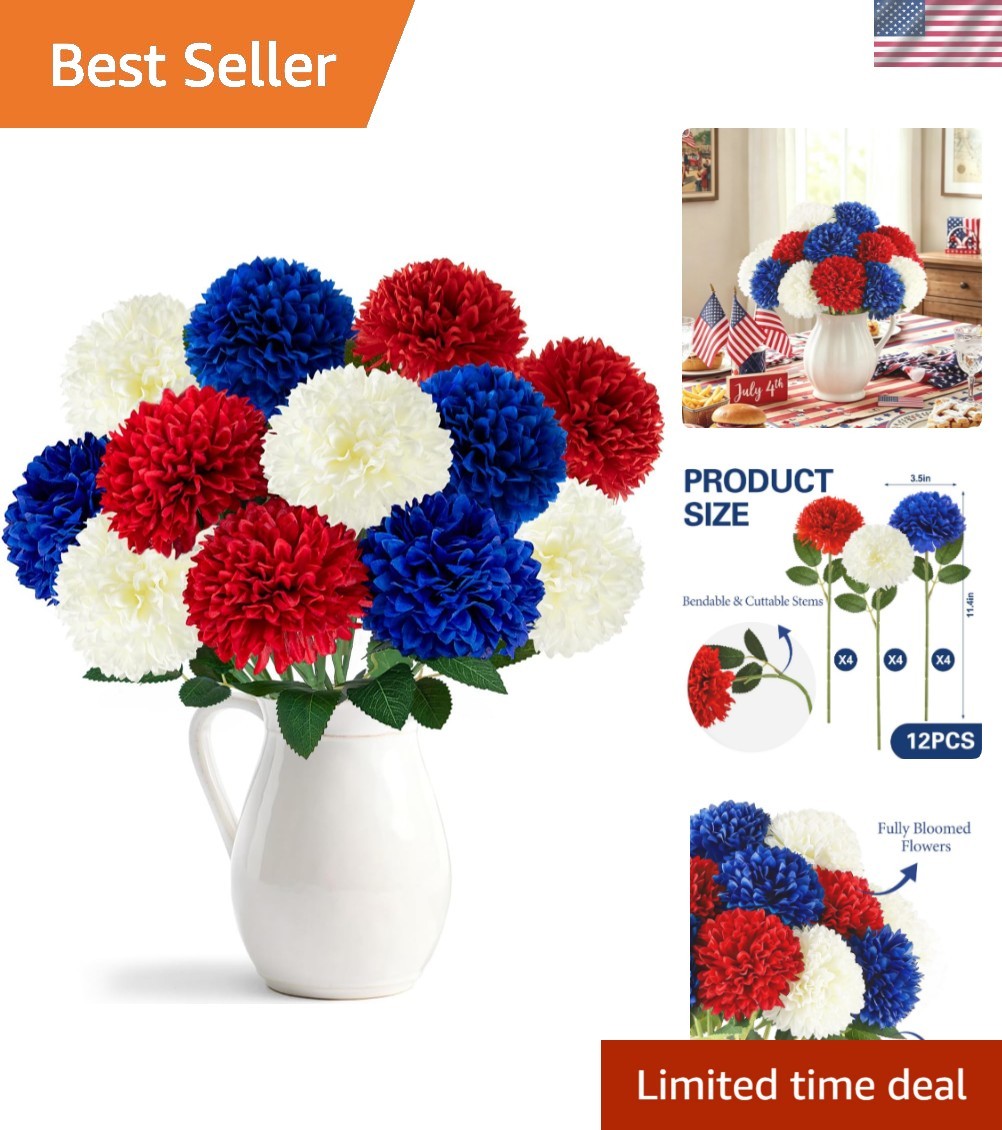 4th of July Decorations Patriotic Decor 12Pcs Artificial Flowers Red White an…