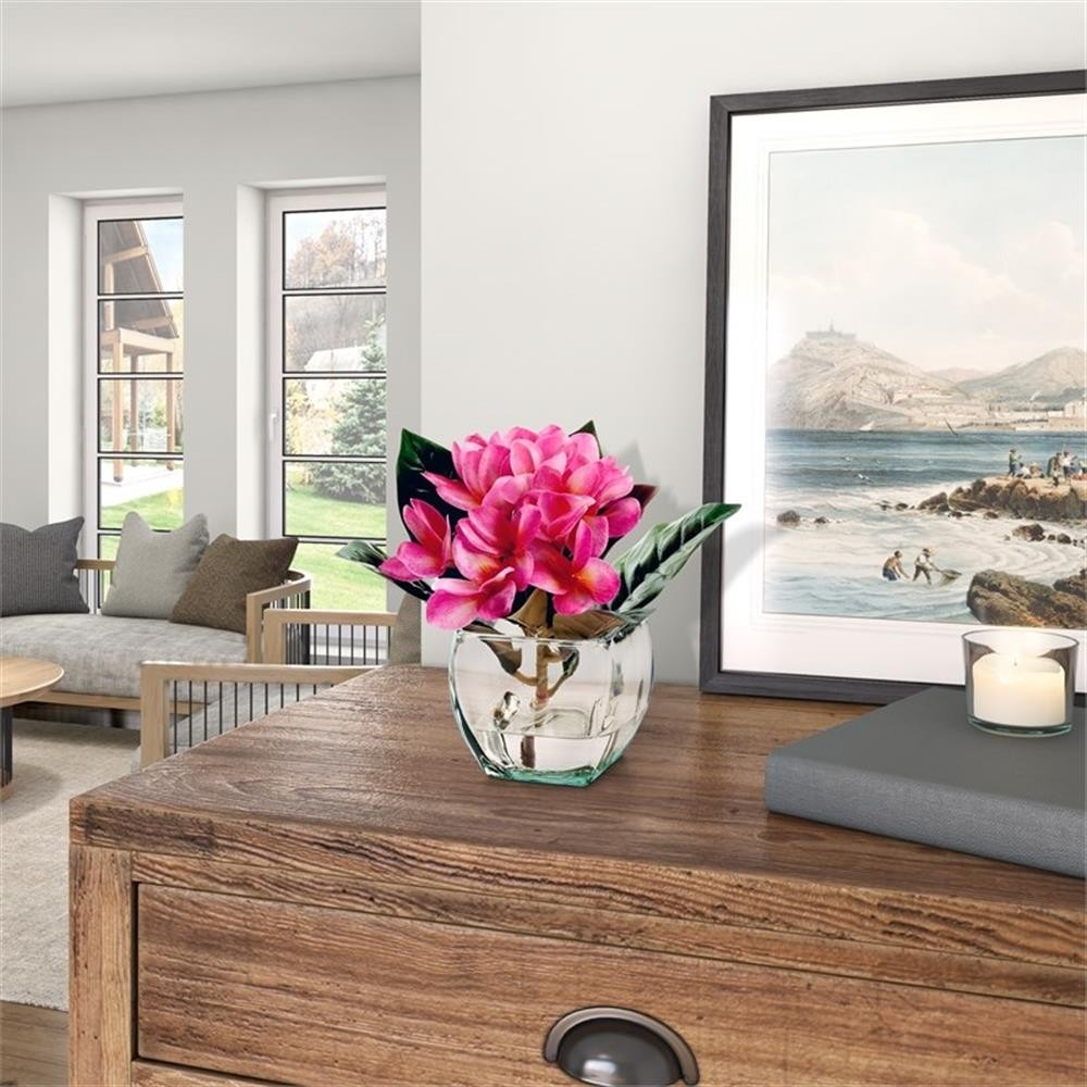 Pemberly Row Contemporary Beauty Frangipani in Glass Cube with Acrylic Water