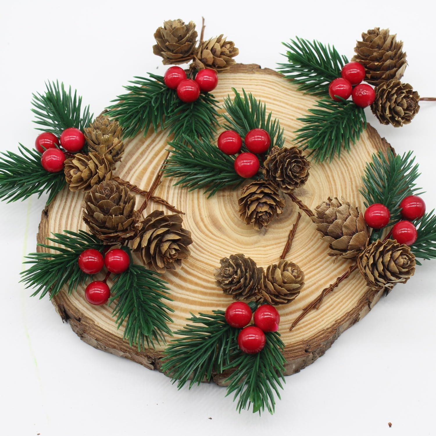 Christmas Floral Picks, 30Pcs Pine Cone Holly Berry Stems for Crafts, Artificial