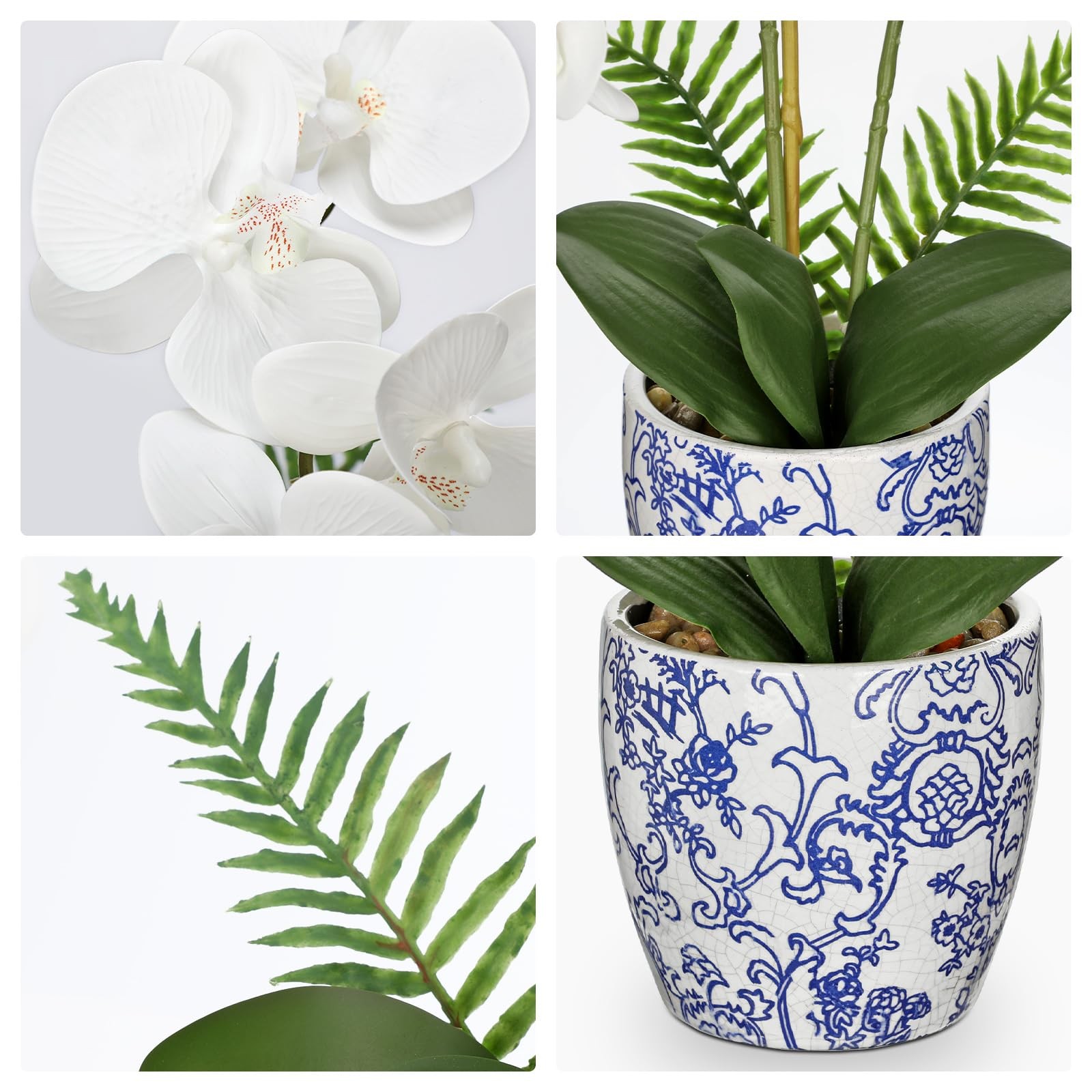 18.8in White Artificial Orchid Silk Flowers In Blue Pot Faux Home Centerpiece