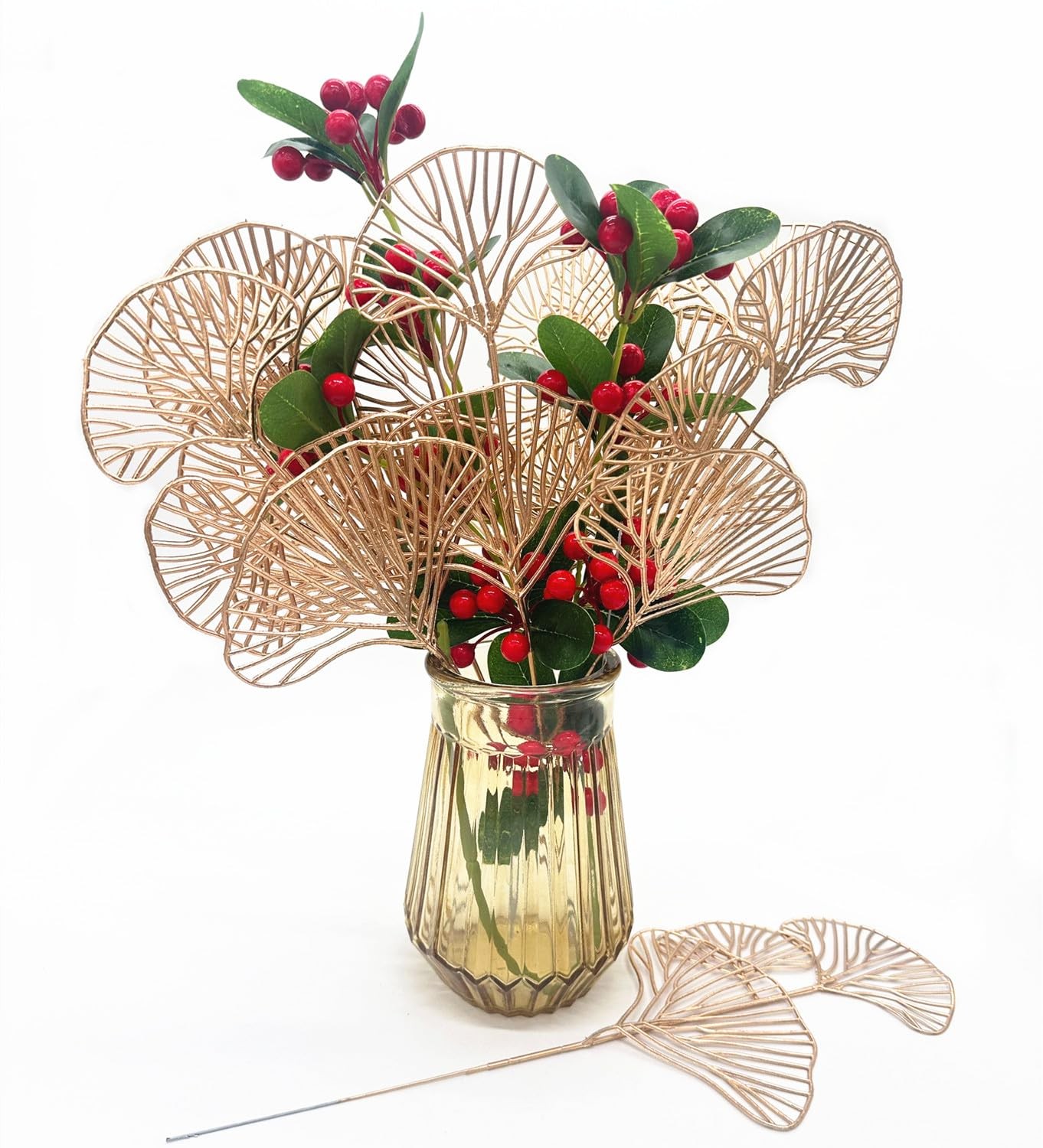 Golden Ginkgo Leaves Stems Christmas Decoration, Artificial Plants Fake Plast…