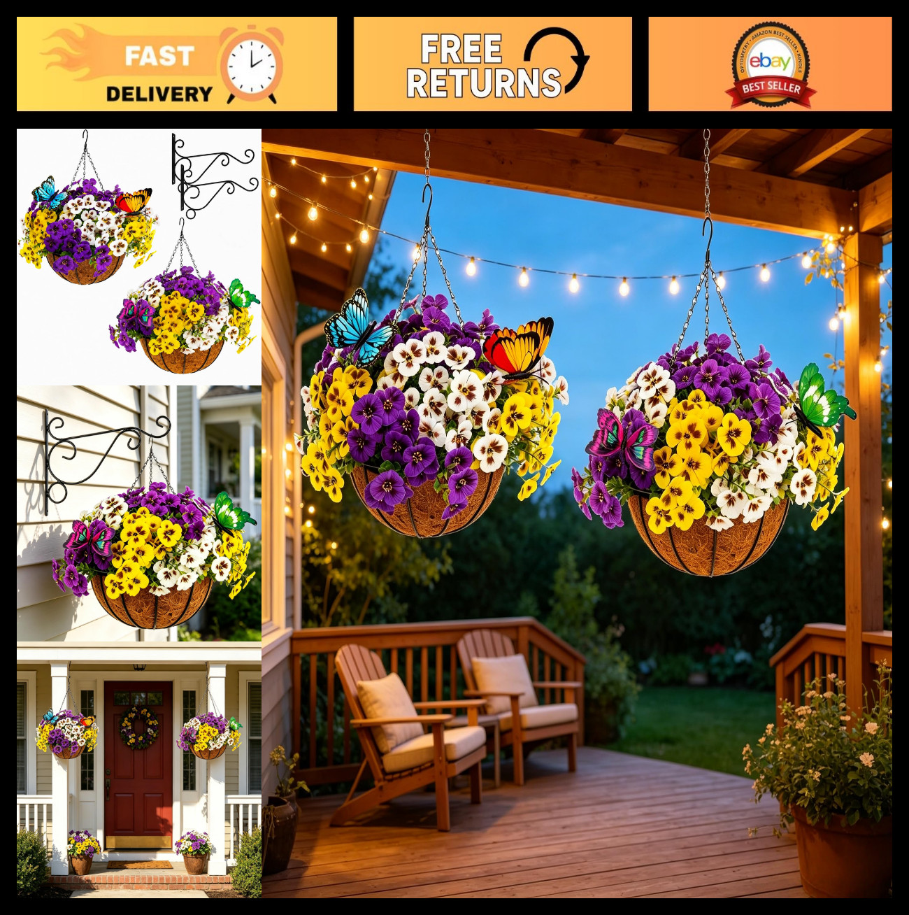 2 Sets Faux Silk Pansy Hanging Baskets, 24 Pcs Artificial Flowers for Patio Gard