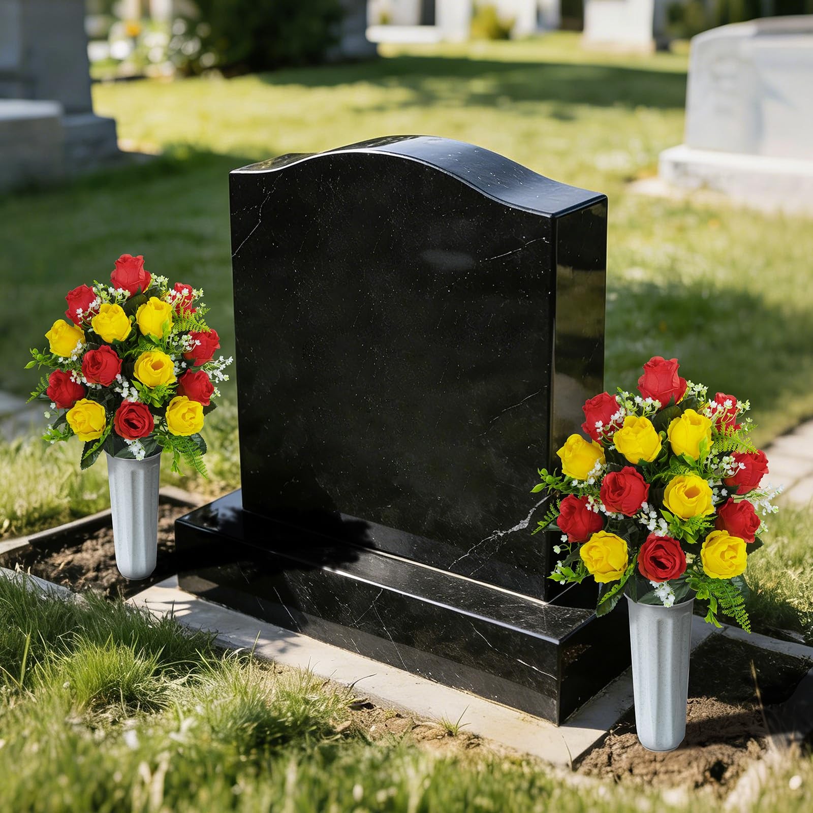 2 PCS Artificial Cemetery Flowers Bouquet With Vase Red Yellow