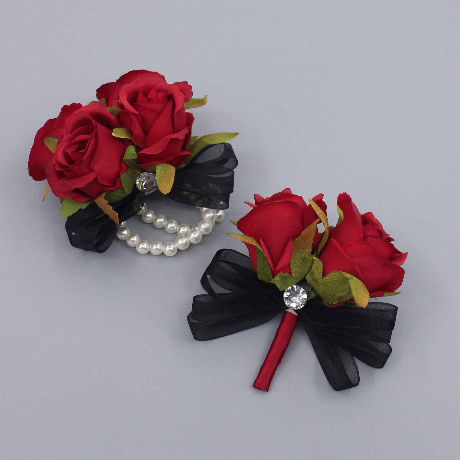 Prom Rose Corsage Boutonniere Set Real Touch Red Flowers Lace Bow Decor