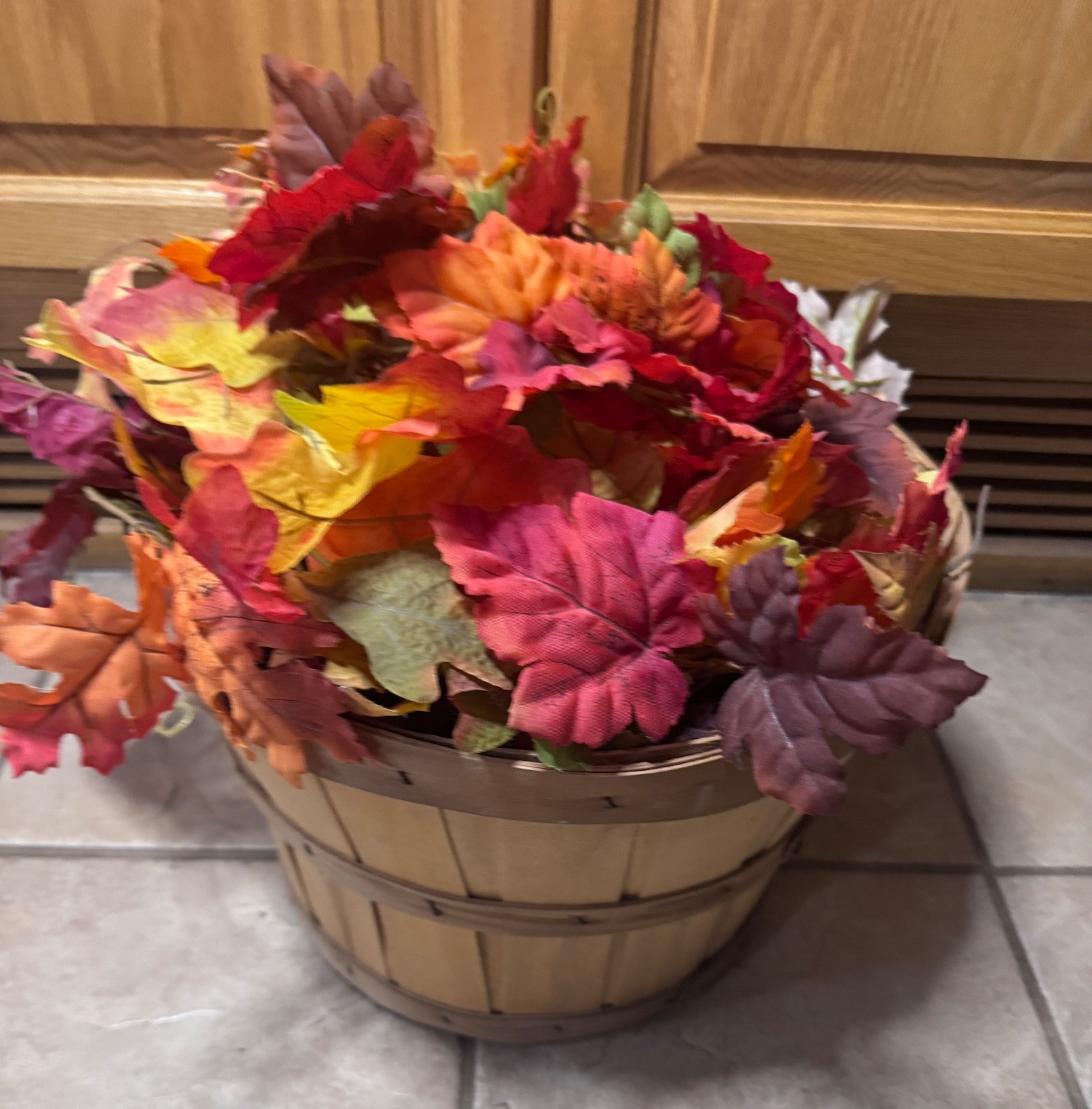 Fall Apple Picking Basket With Faux Fall Colorful Leaves Outdoor Decor