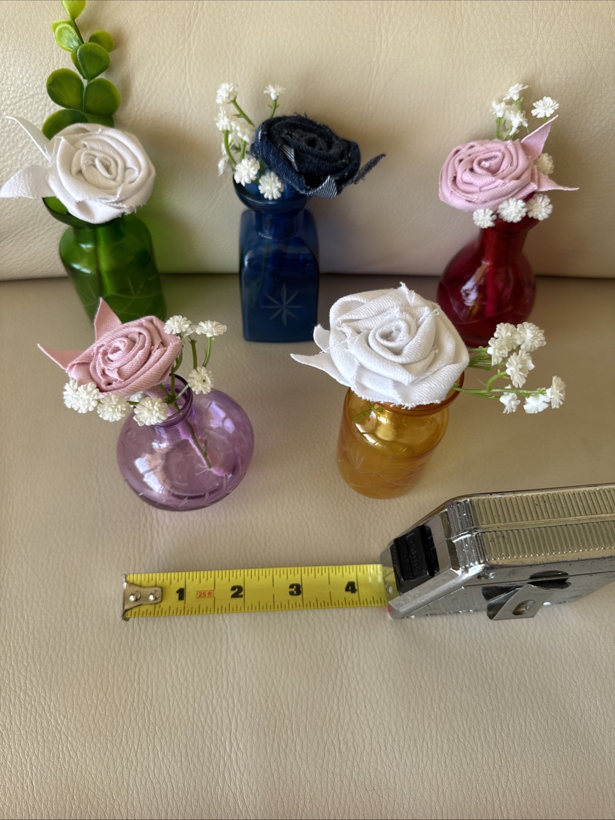 Five Small Upcycled 3 1/2” Vases With Coordinating Colors Handmade Denim Roses