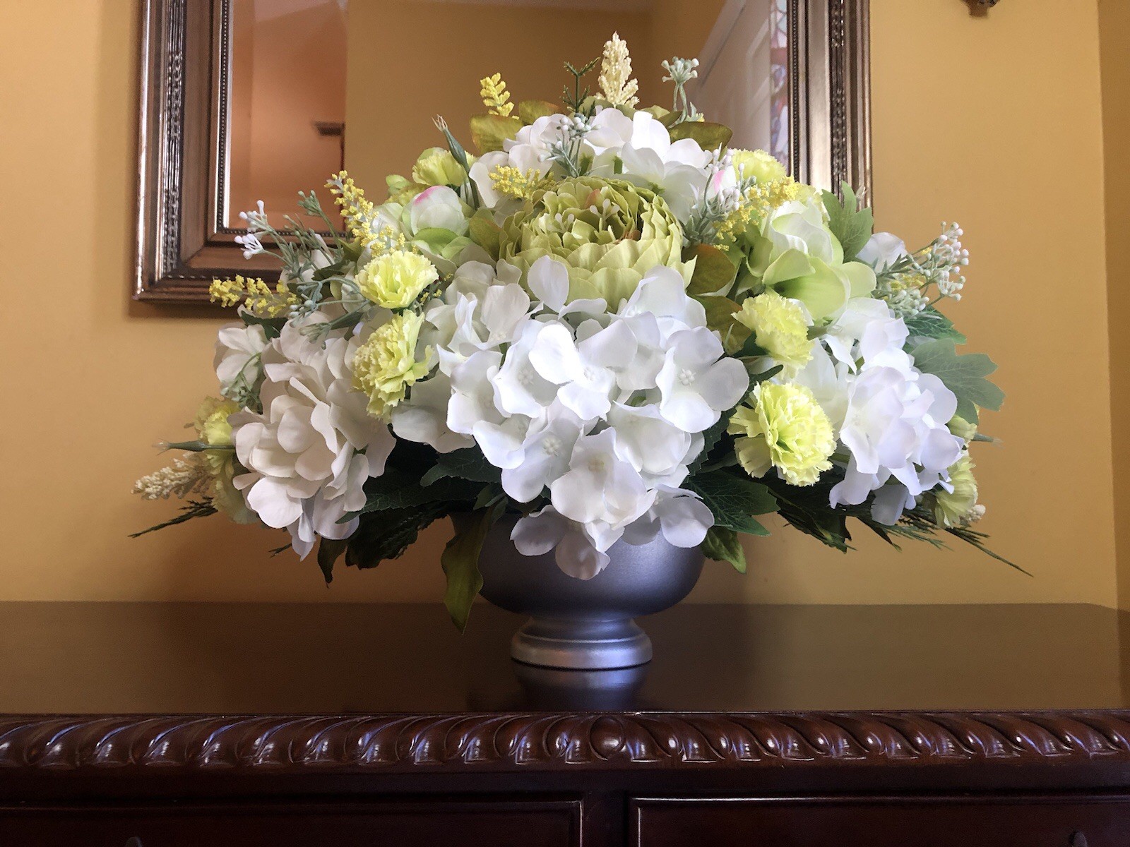 Green Spring Floral Arrangement Green And White Hydrangea And Peony Centerpiece