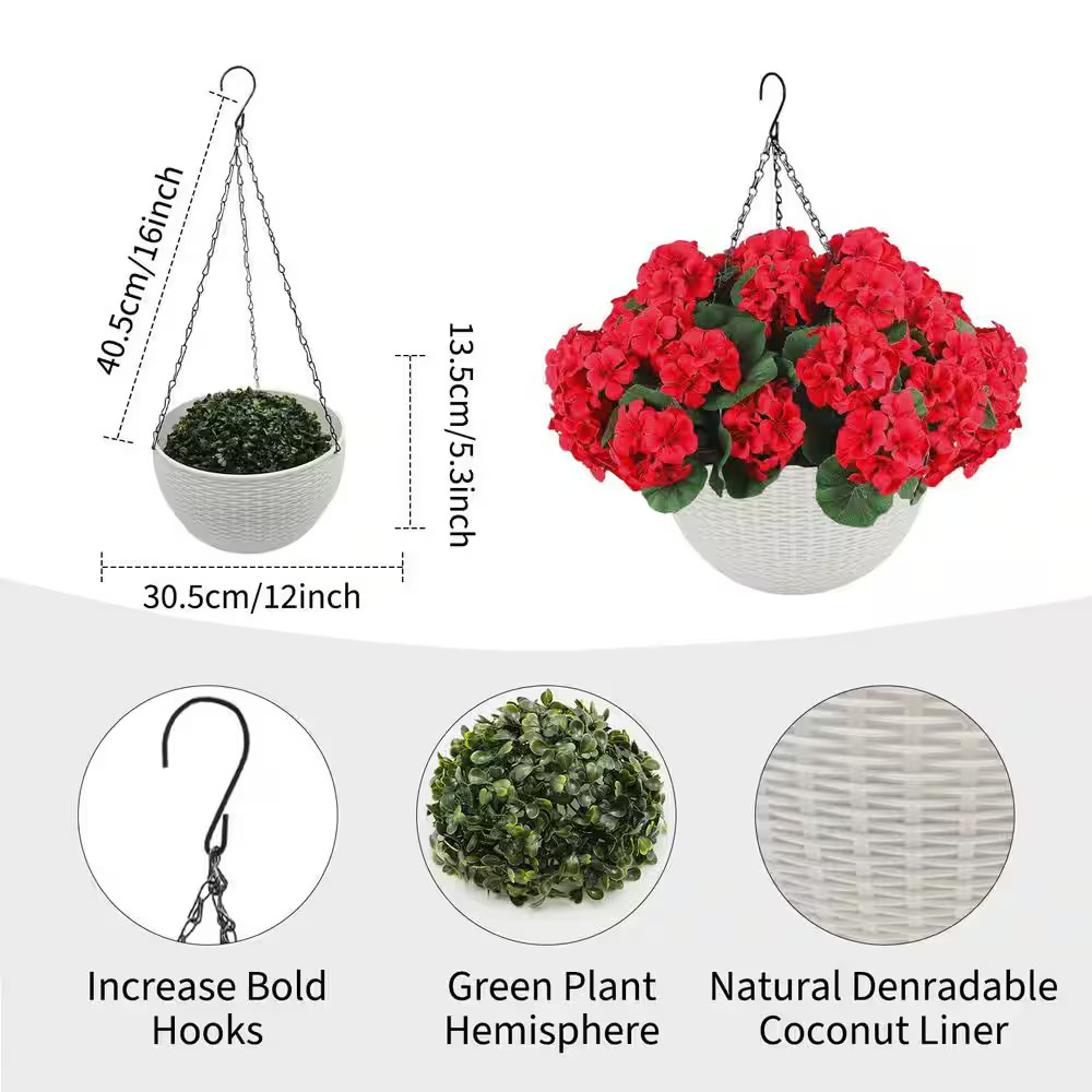 2-Set 10 In. Red Artificial Geranium Flowers W/ White Basket, Artificial Hanging