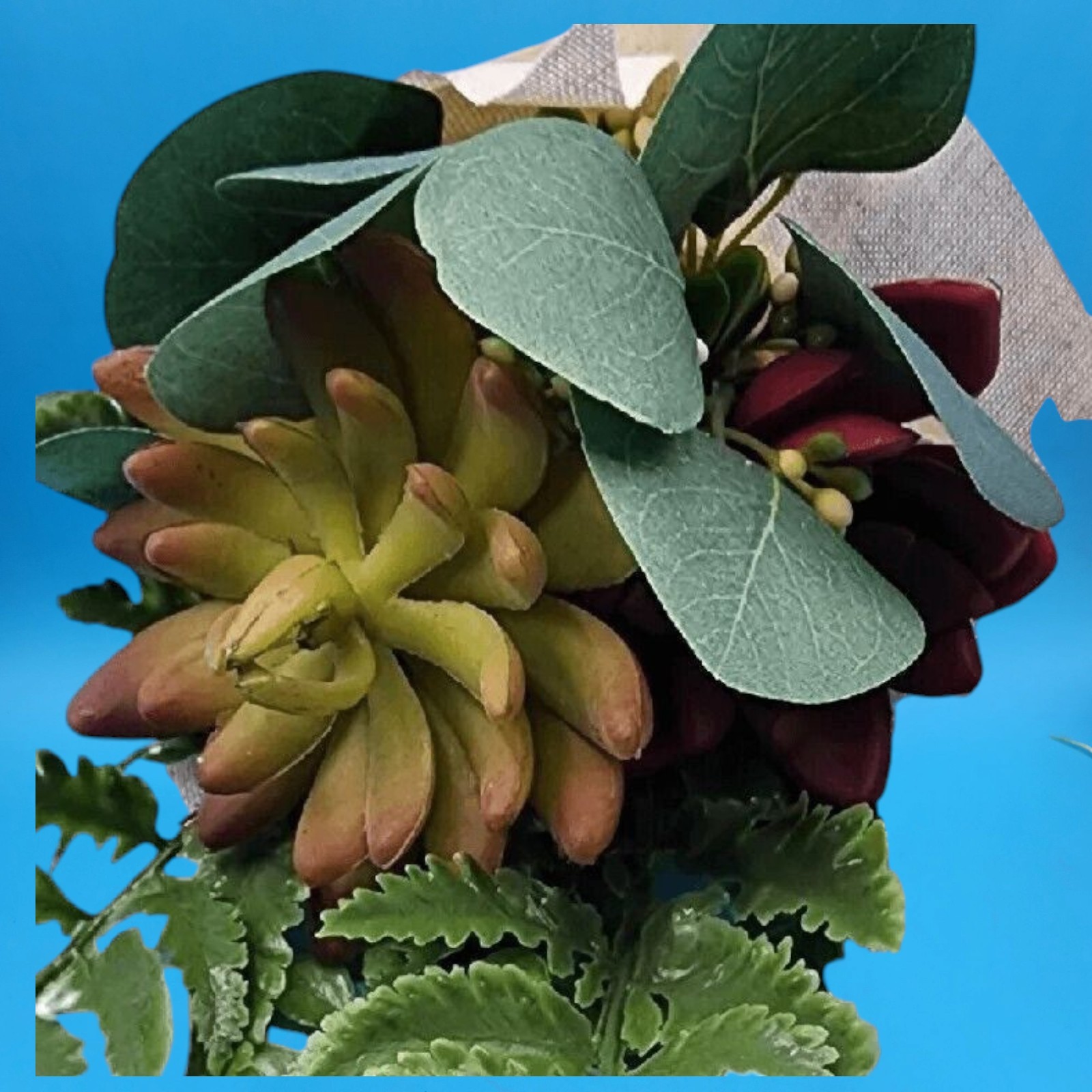Artificial Green & Red Succulent Floral Bouquet Berry Eucalyptus Cloth Wrapped