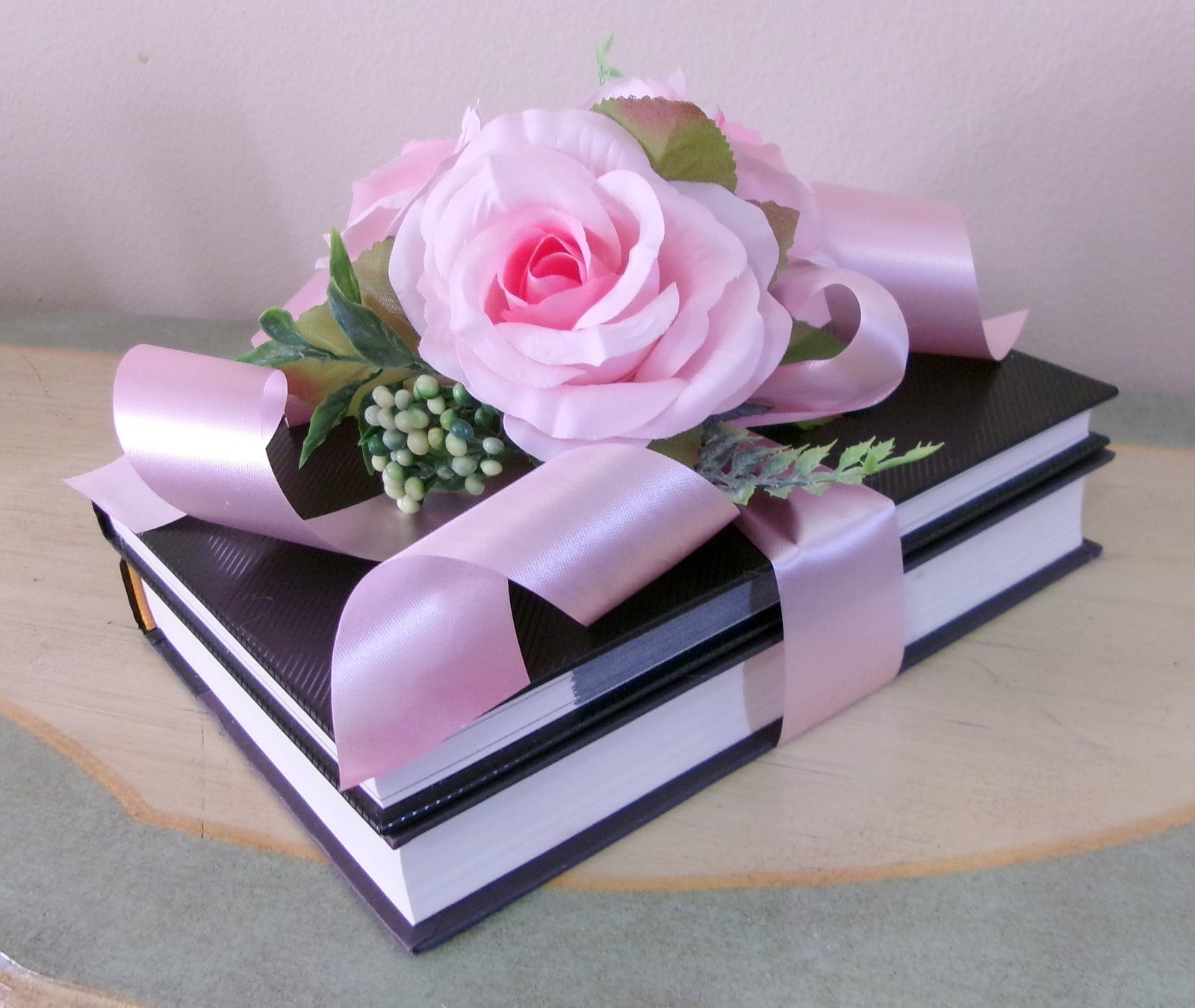 Decorative Book with Silk Pink Roses Accent Arrangement New
