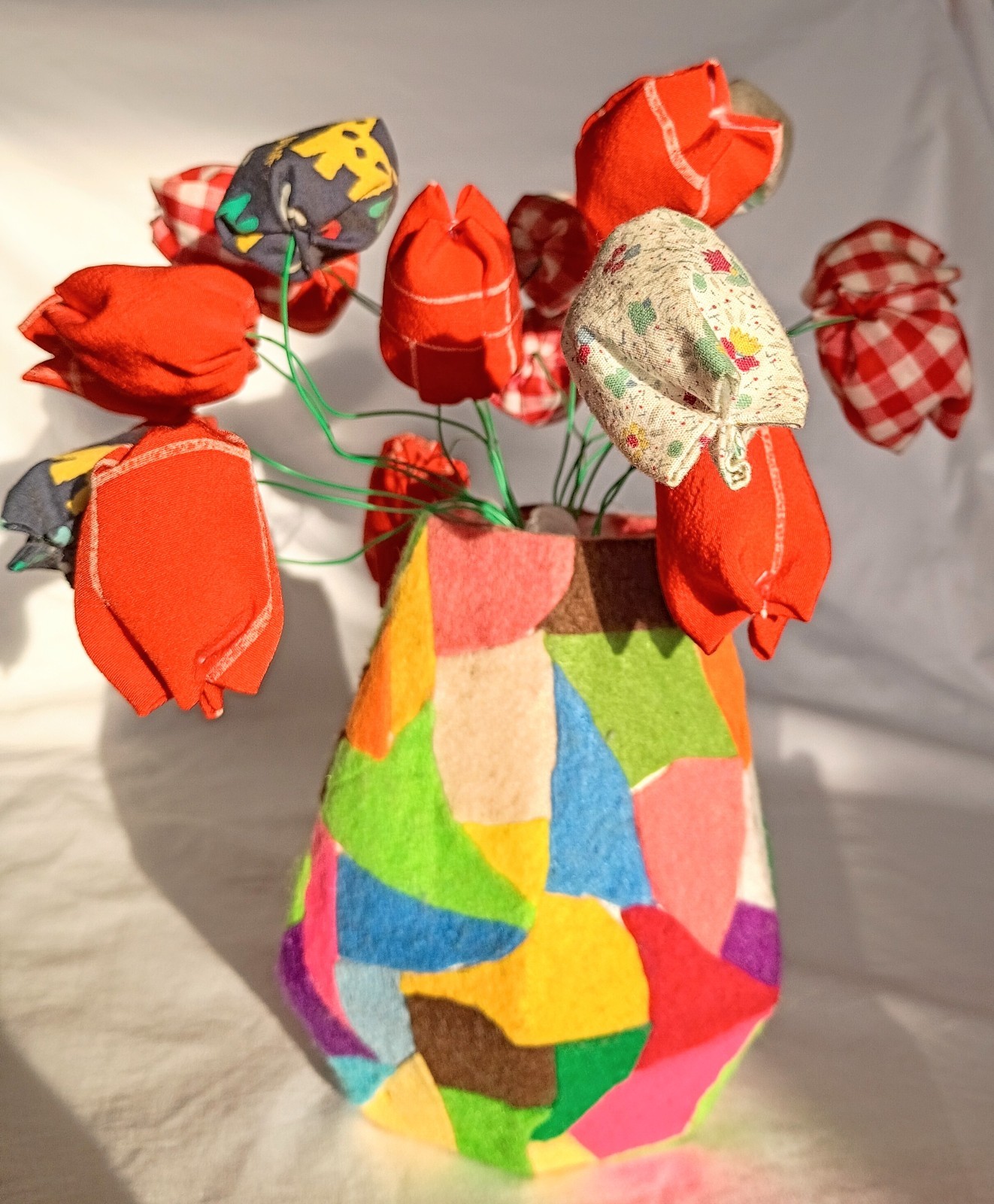 Vintage Nigerian Folk Art Felt Fabric Flowers Handmade Bouquet of Tulips, Africa