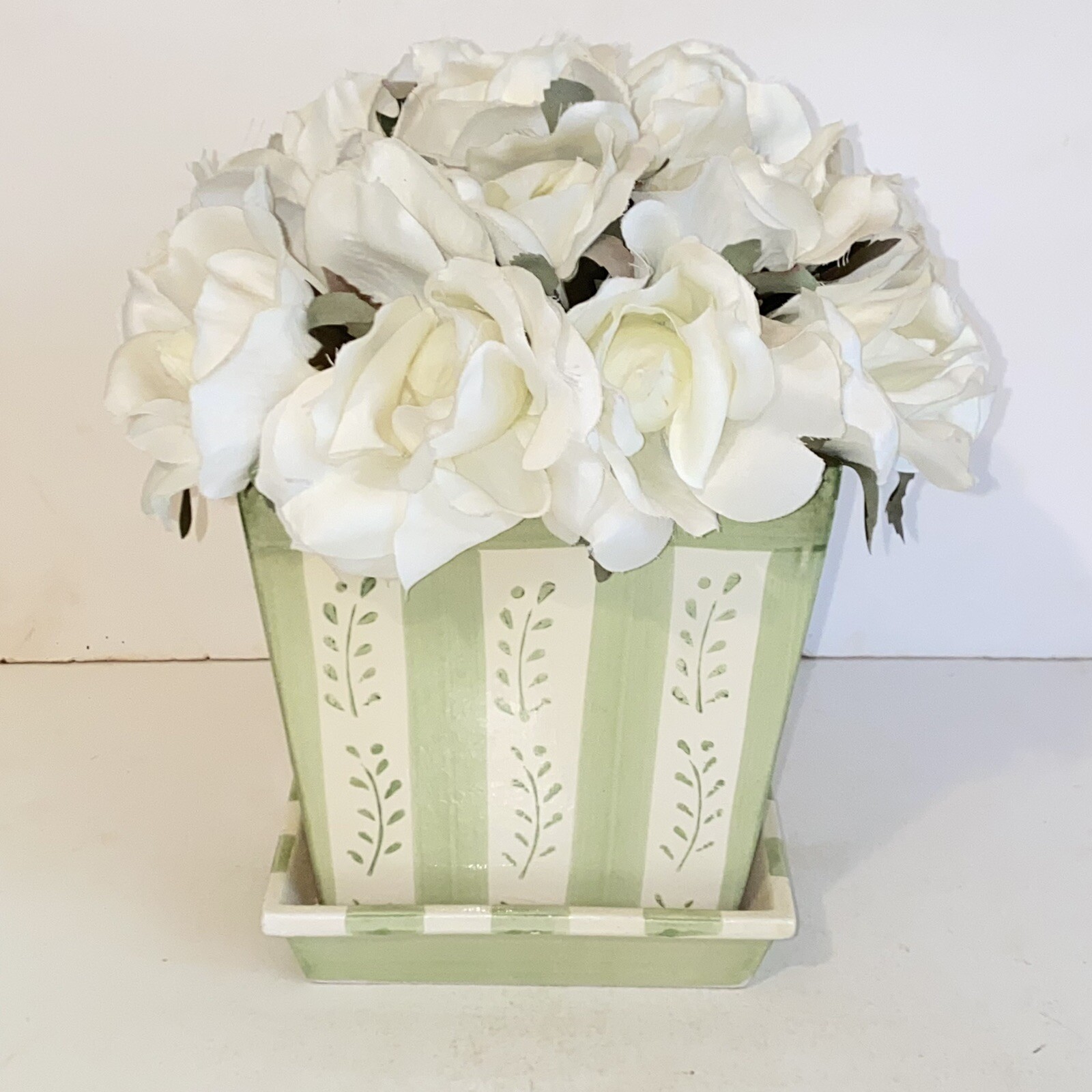 White Rose Floral Arrangement in Green & White Ceramic Holder Vase Planter