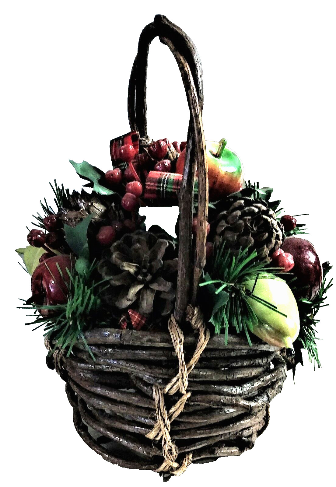 NWT Artificial Christmas Fruit & Greenery Rustic Basket w/Cones & Ribbon 9″Tall