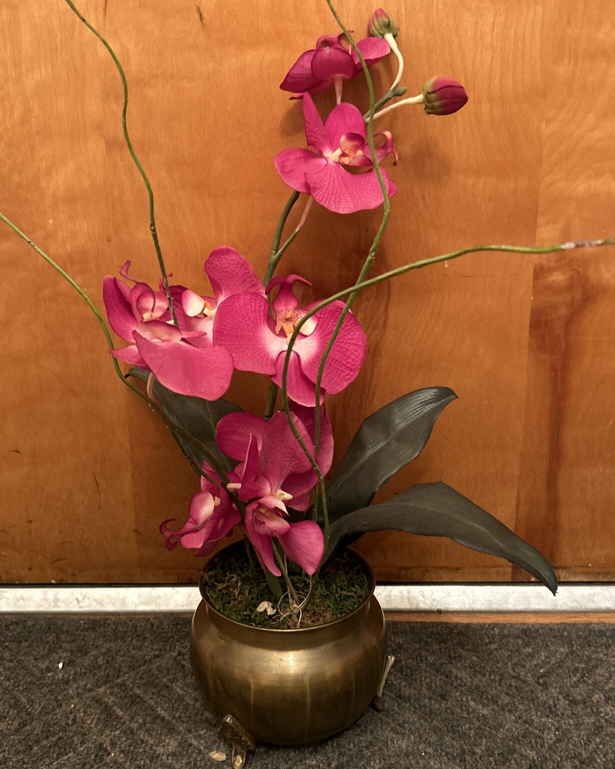Artificial Orchids In Brass Urn With 3 Feet 20” Tall Darker Colors Due To Light