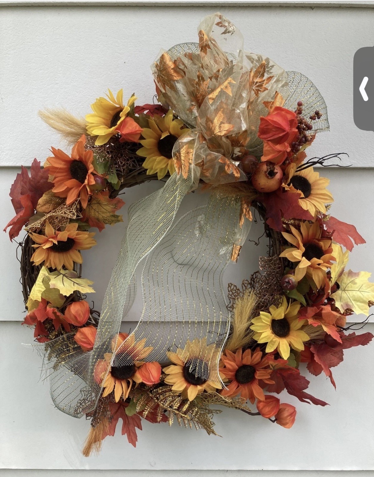 Sunflower Grapevine Country Rustic Wreath w Chinese Lanterns Pomegranate, ferns