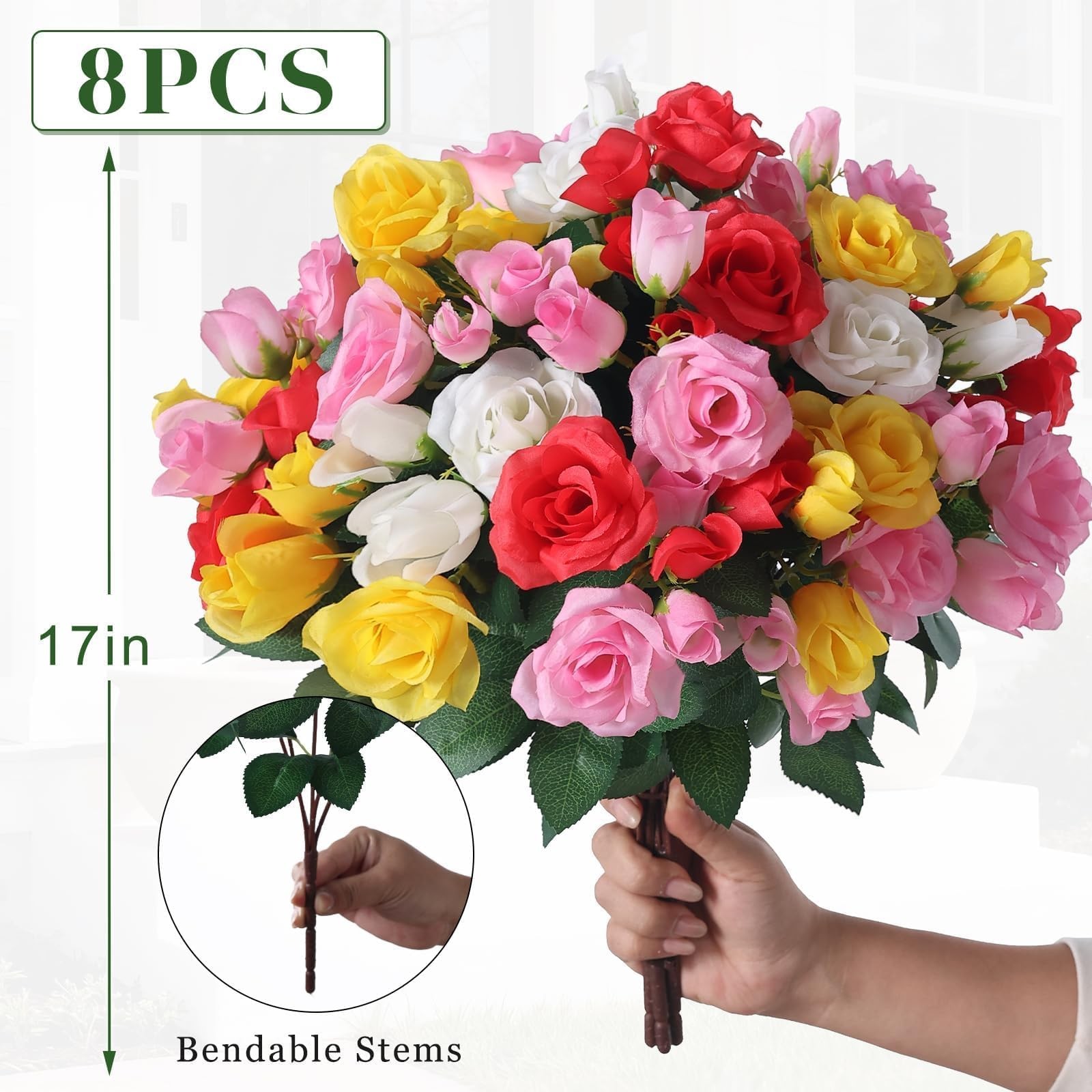 8 Bundles Artificial Roses for Front Door Outdoor Decor, Realistic Fake Silk …