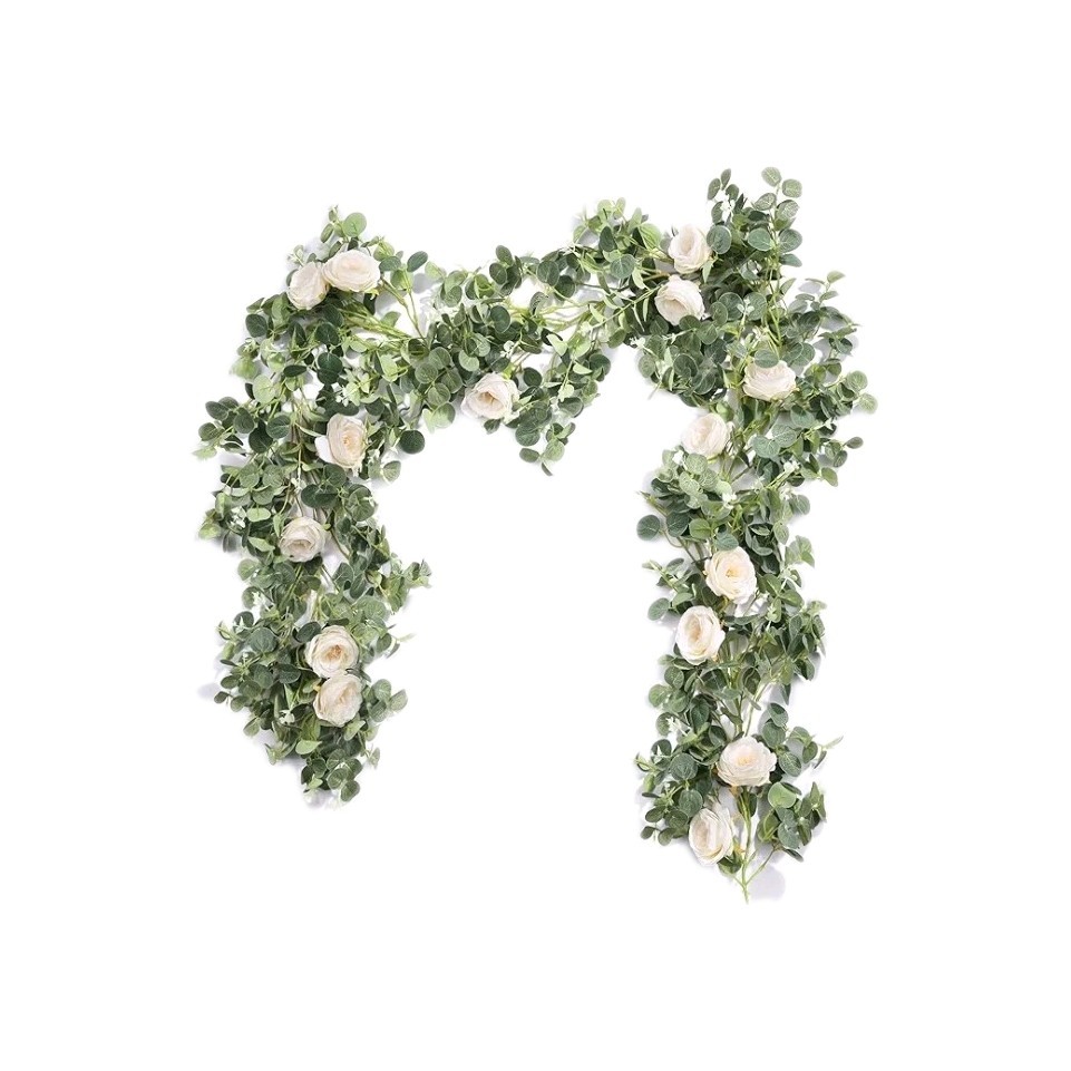2 Pcs 13FT Artificial White Rose & Eucalyptus Floral Garland. Indoor/Outdoor Use