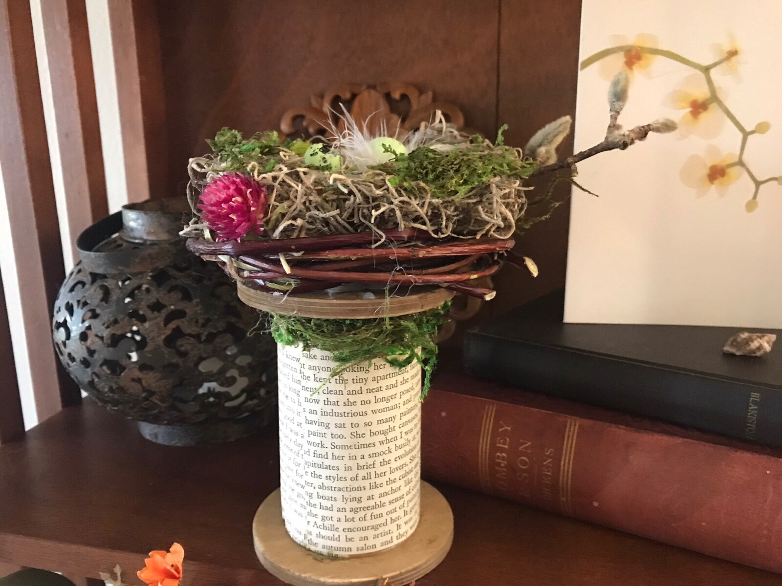 Birds nest on pedestal|Spring decor|natural & faux elements|5 1/2”