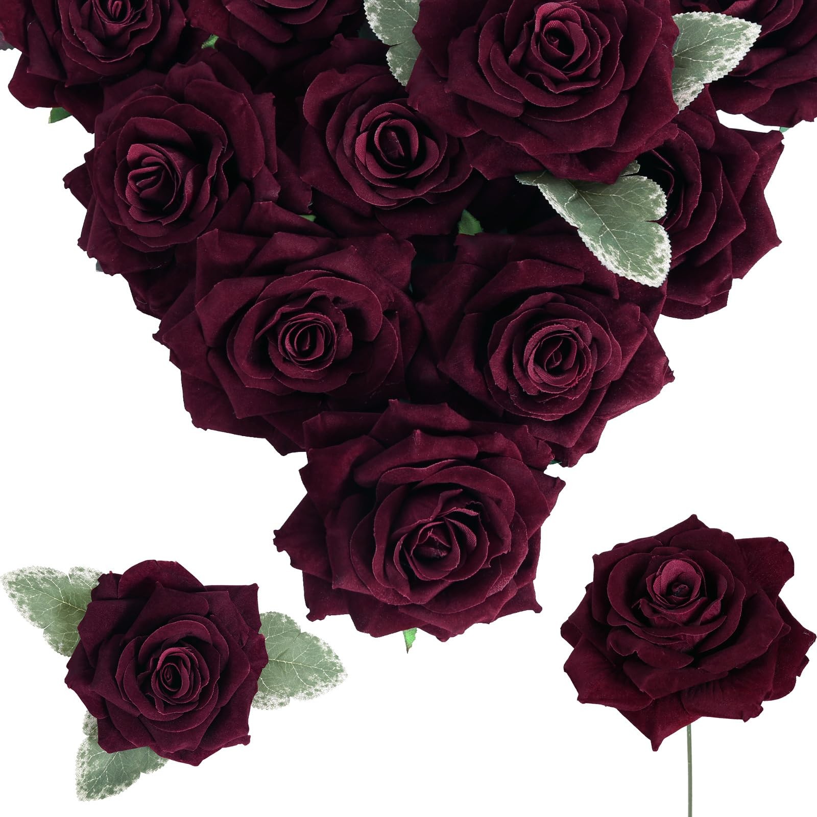 16pcs Burgundy Artificial Velvet Roses, Maroon Flowers, 4.3 Fake, Dark Red