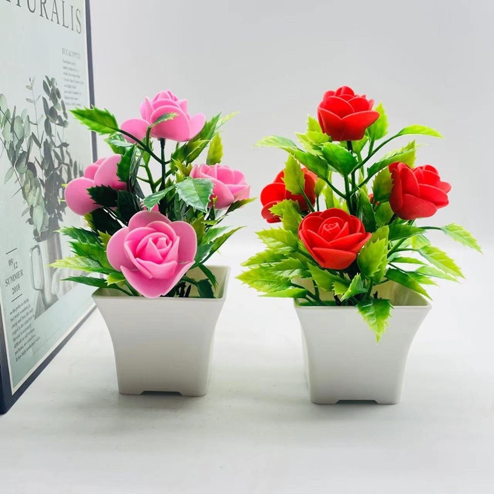 Plastic Artificial Roses in Pot for Home Decor – 14cm Tall Fake Flower