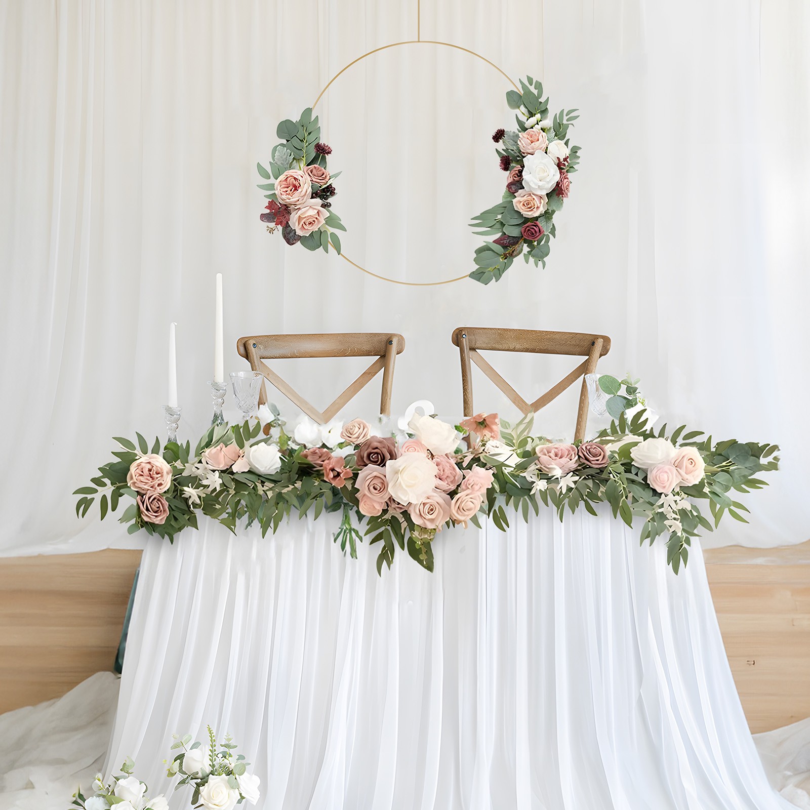 2PCS Fake Silk Rose Garland Real Touch Hanging Vine for Wedding Table Arch Decor