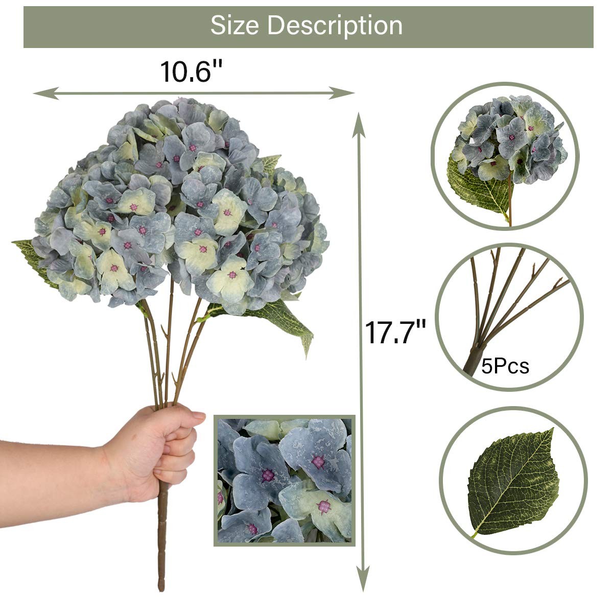 2 Bouquets Artificial Bluish Green Flowers Silk Hydrangea with 10 Heads Fake …