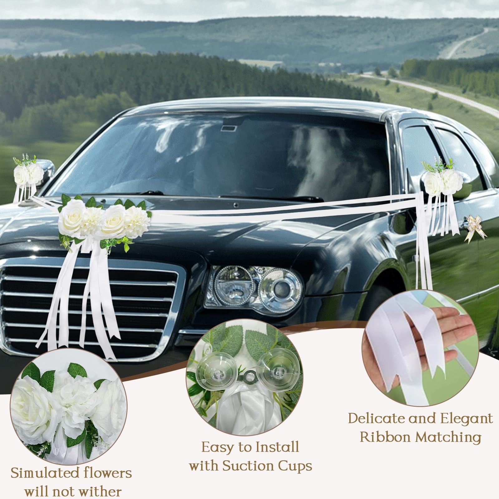 White Wedding Car Decoration Kit Floral Hood Arrangement Side Mirror Flowers